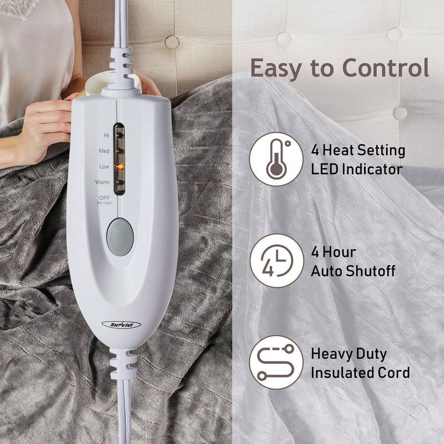 Royalcraft 50" x 60" Electric Blankets Heated Throw Soft Flannel Heating Blanket with 4 Hours Auto Off, ETL Certified, Grey