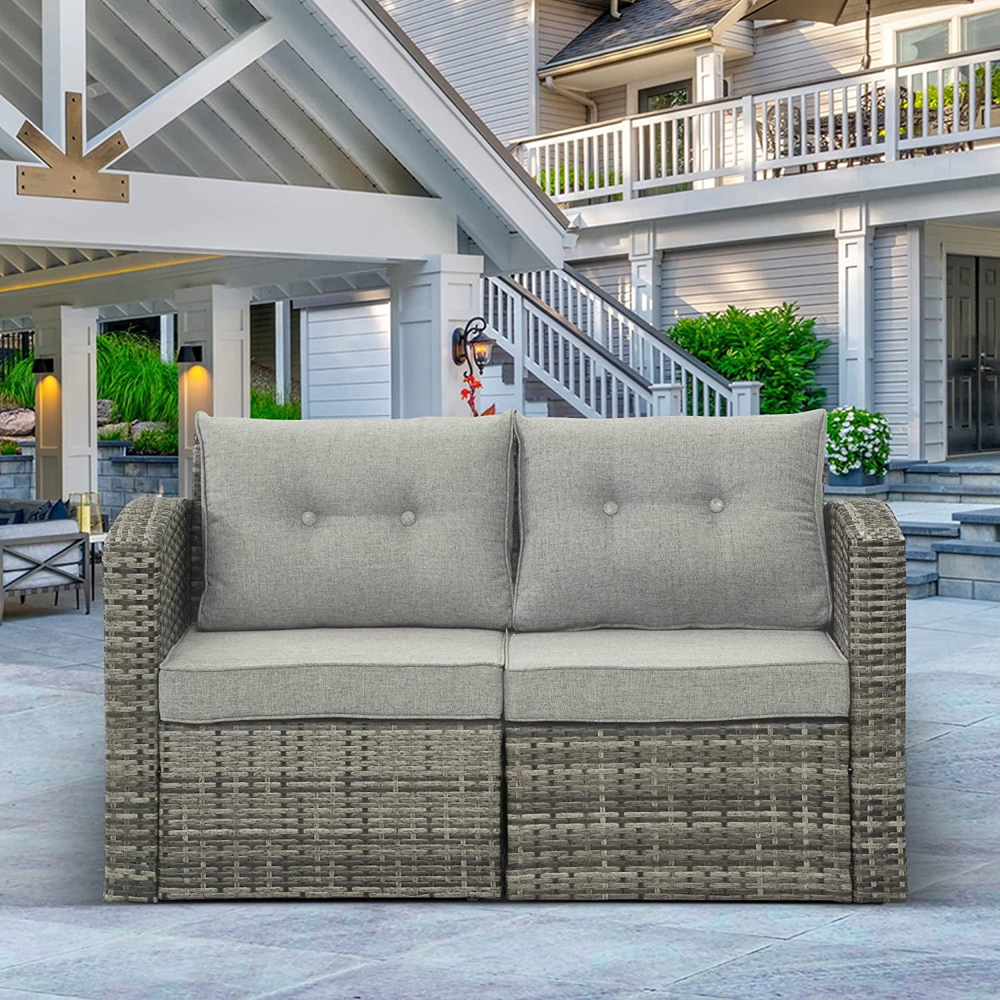 RoyalCraft Modular Collections Patio Sofa Chair with Ottoman, Outdoor Brown Rattan Lounger Sofa Chair Set with Seat and Back Cushions, Aluminum Frame