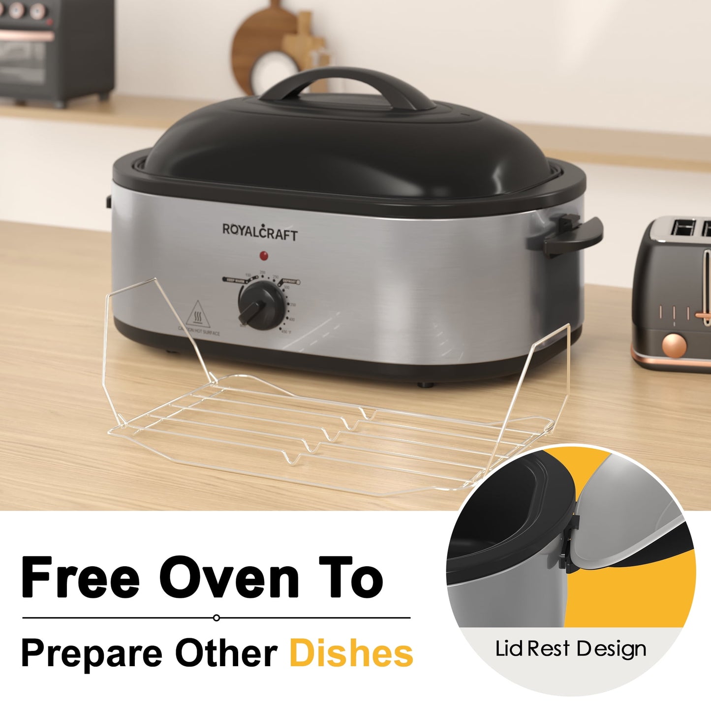 RoyalCraft 26 Quart Electric Turkey Roaster Oven with Visible Glass Lid, with Removable Pan & Rack, Stainless Steel, White