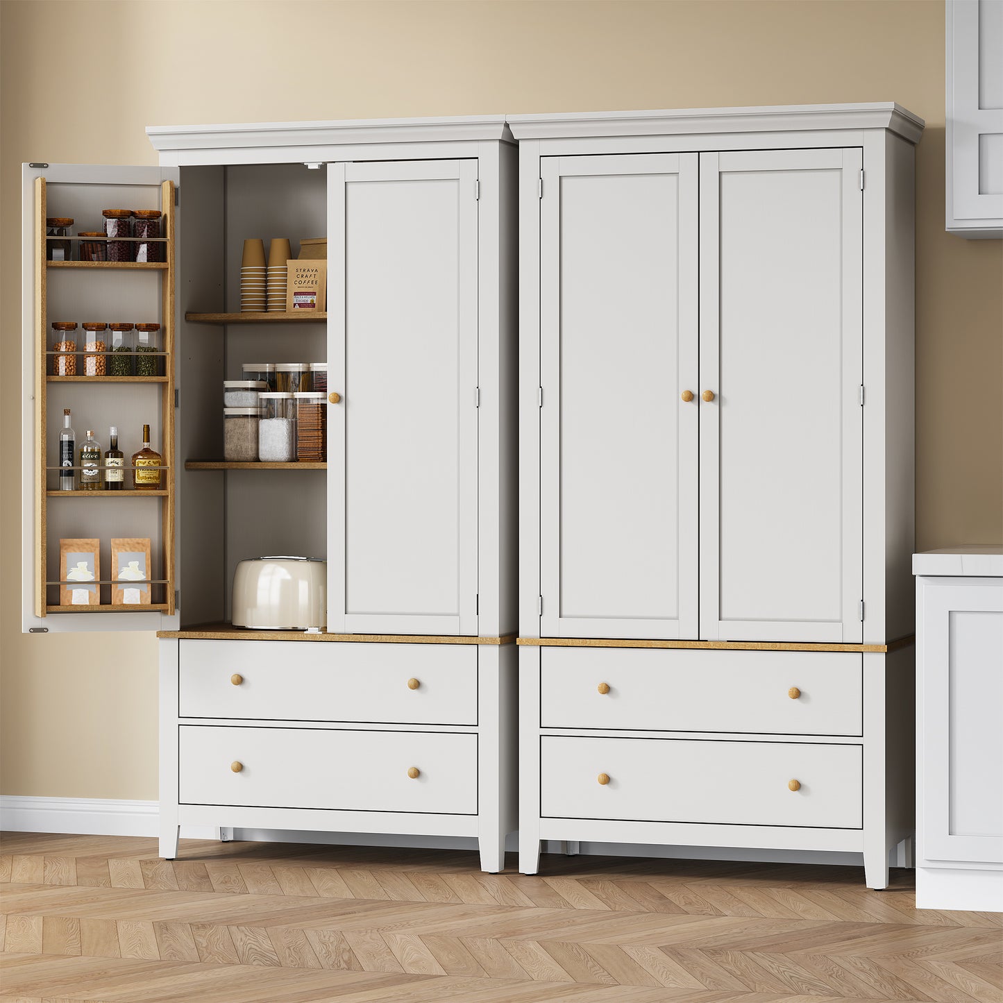Royalcraft 70'' Tall Kitchen Pantry Cabinet, Wood Cupboard with 8 Door Storage Shelves, Large Storage Cabinet with Drawers & Adjustable Shelves for Kitchen, Dining Room, Living Room, Laundry, White