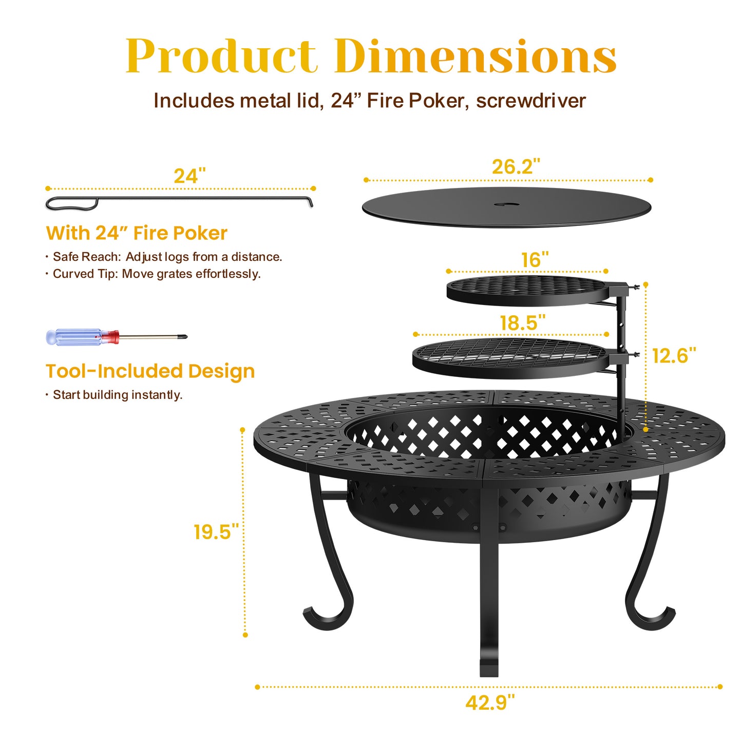 43'' Fire Pit with 2 Grills, Outdoor Wood Burning Fireplace with Lid and Fire Poker, BBQ & Bonfire & Round Metal Table 3 in 1 for Patio, Backyard, Garden, Black