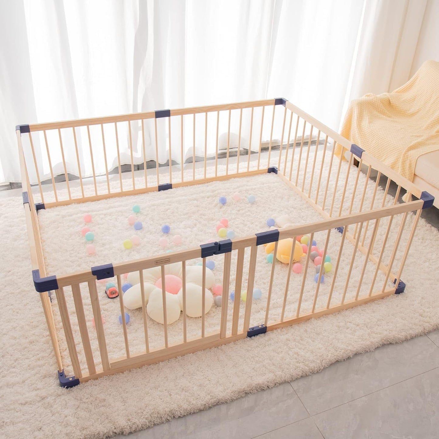 Superjoe Baby Playpen Kids Fence with Safety Gate, Activity Play Center, Safety and Anti-Drop Function, Safety Play Yard Indoor Outdoor Pure Wooden Baby Playpen (71"*59"*24")