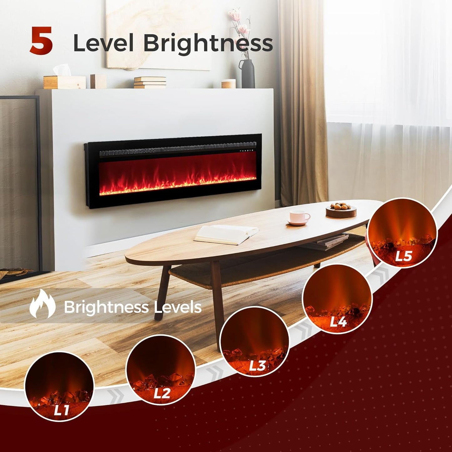 Royalcraft 23 Inch Electric Fireplace for TV Stand, Built-in Fireplace Heater with Multicolor Flames and Timer, 1400W Insert Heater with Remote Control, Low Noise, Black