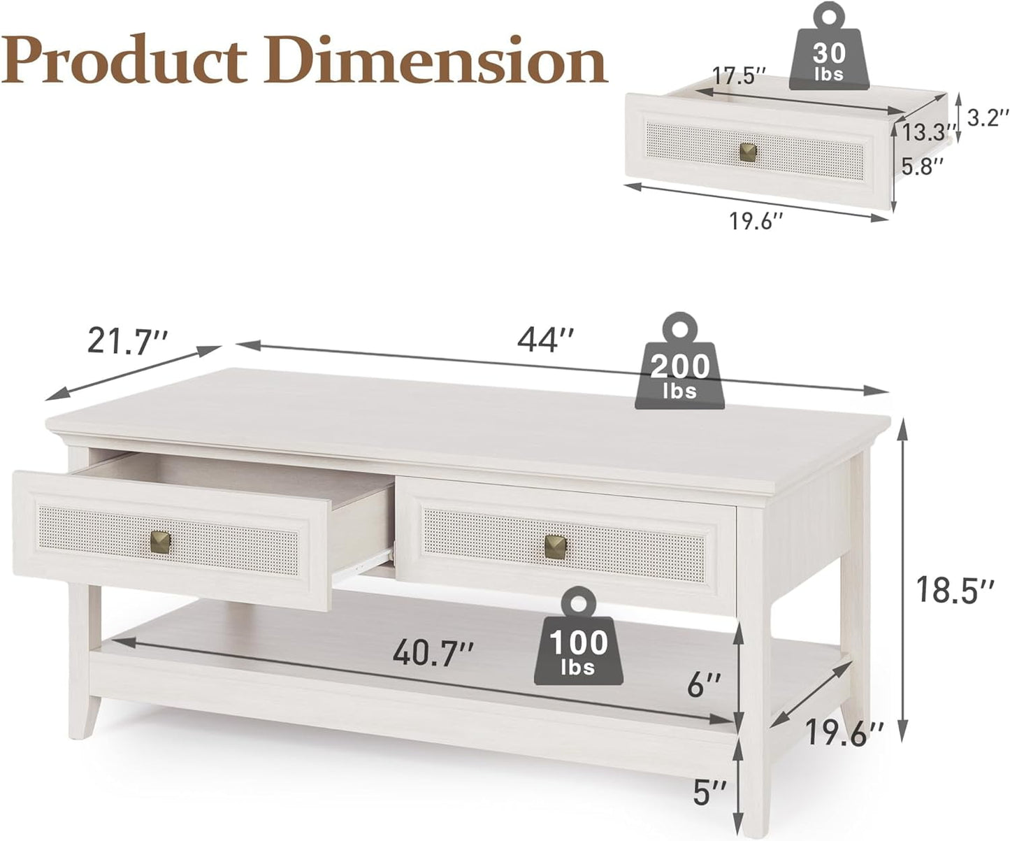 Superjoe 44" Rattan Farmhouse Grey Table with 2 Drawers, Boho 2 Tier Tea Table, Accent Center Sofa Table with Storage Shelf, Grayish White