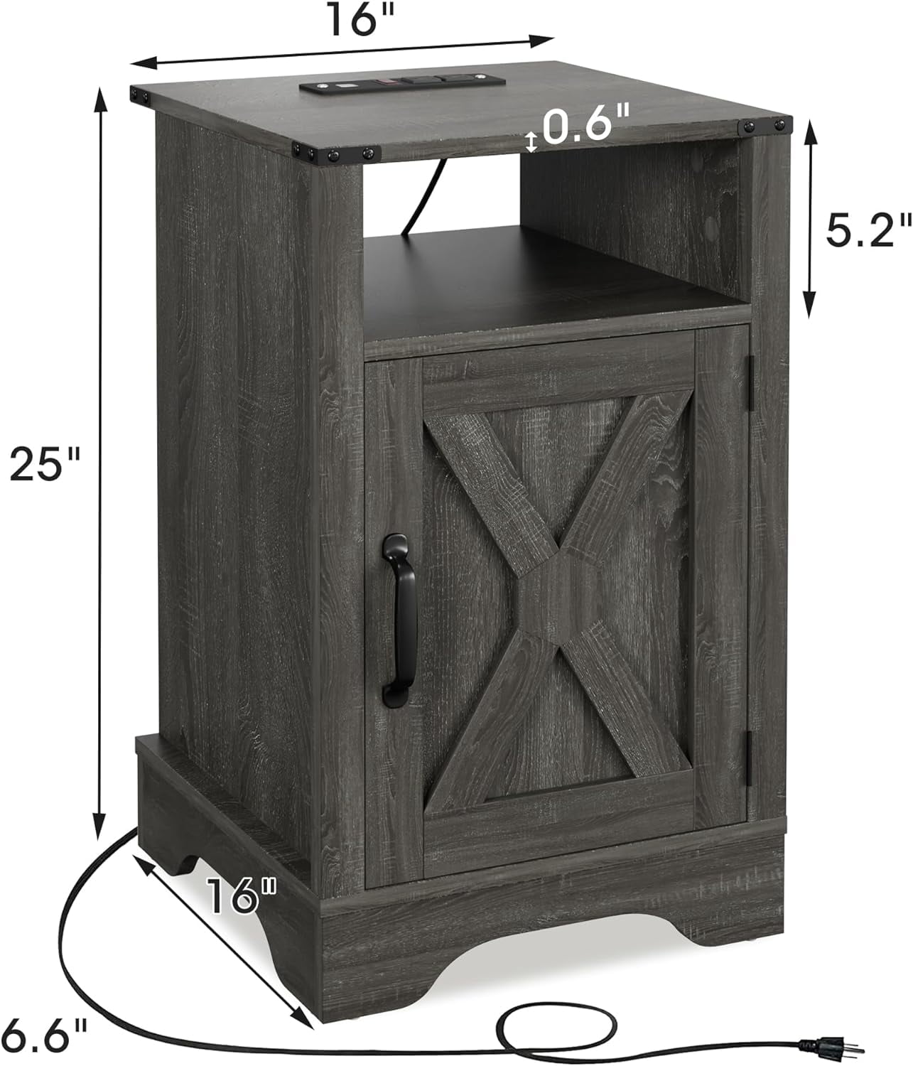 RoyalCraft Farmhouse Nightstand Set of 2 , Tall Bedside Table with Charging Station, Wooden Rustic End Table with Large Storage Cabinets Room and Shelf for Bedroom, Living Room, Dark Grey
