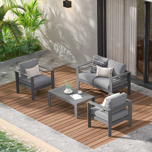 RoyalCraft 4 Piece Aluminum Sectional Outdoor Conversation Sets with Sofa and Table, Grey/Grey