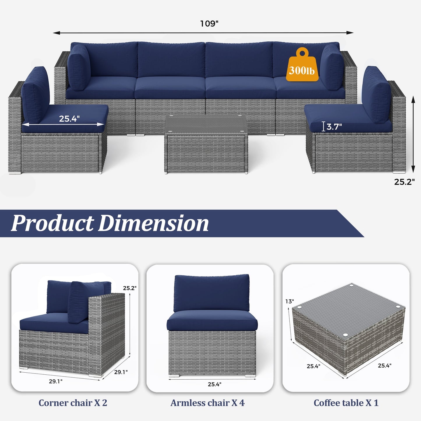 Royalcraft 7 Pieces Outdoor Conversation Set, All-Weather Wicker Rattan Sectional Sofa Set with Cushions & Coffee Table, Blue