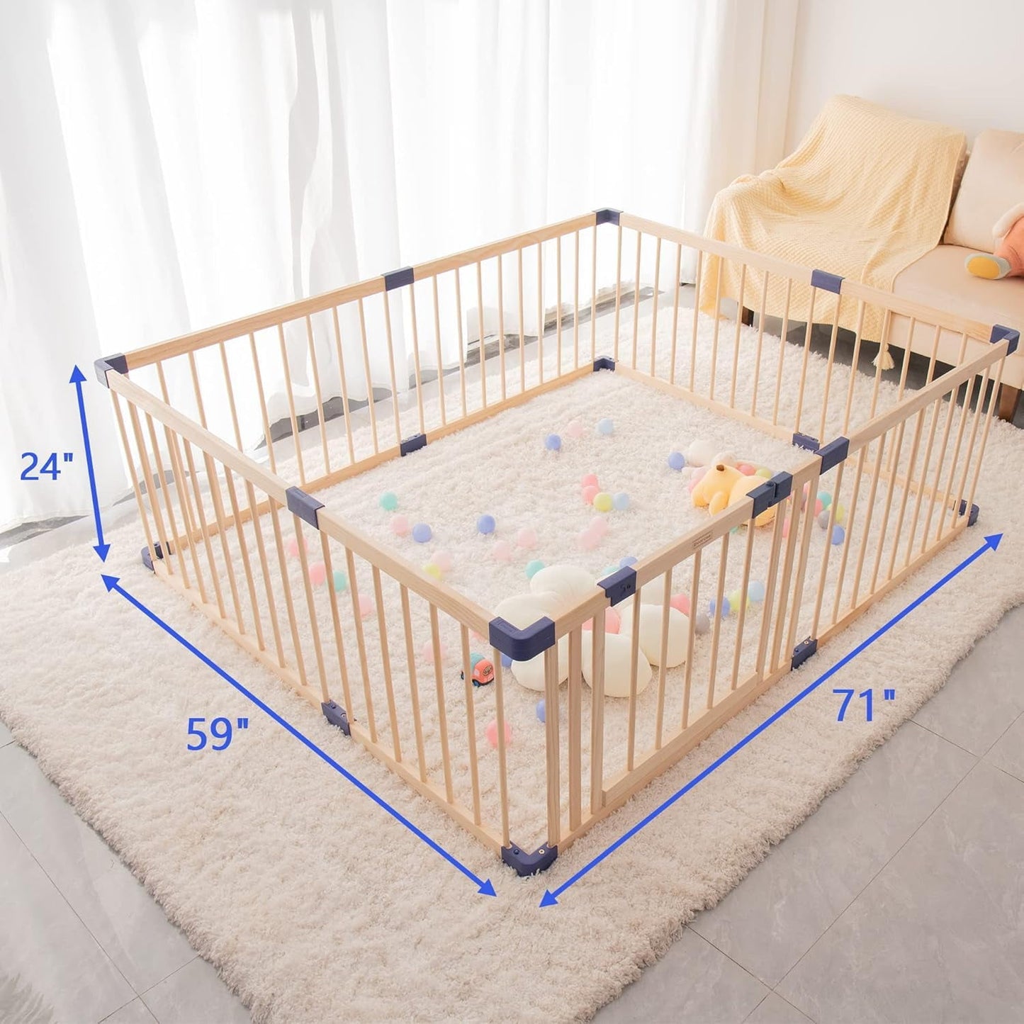 Superjoe Baby Playpen Kids Fence with Safety Gate, Activity Play Center, Safety and Anti-Drop Function, Safety Play Yard Indoor Outdoor Pure Wooden Baby Playpen (71"*59"*24")