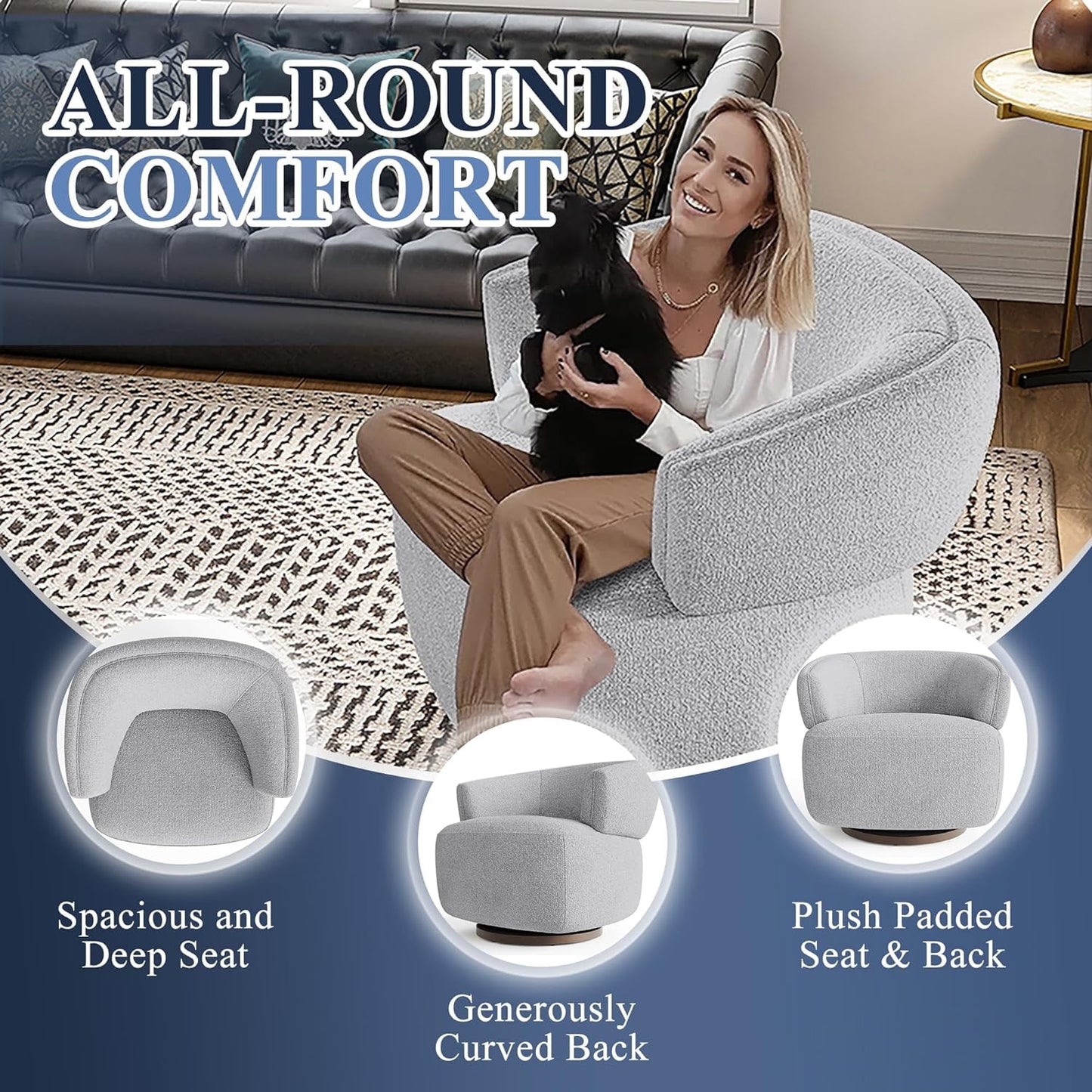 RoyalCraft Swivel Accent Chair, Fully Assembled Round Barrel Chairs, Oversized Upholstered Armchair with 360-Degree Base, Modern Club Chair for Living Room, Bedroom, Office, Grey