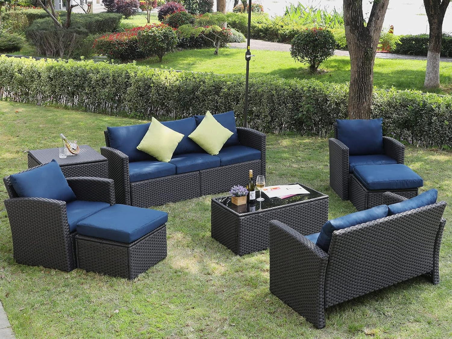 Royalcaft 2 Piece Outdoor Patio Wicker Armchairs, All Weather Outside Rattan Chair Patio Furniture Set with Blue Cushions