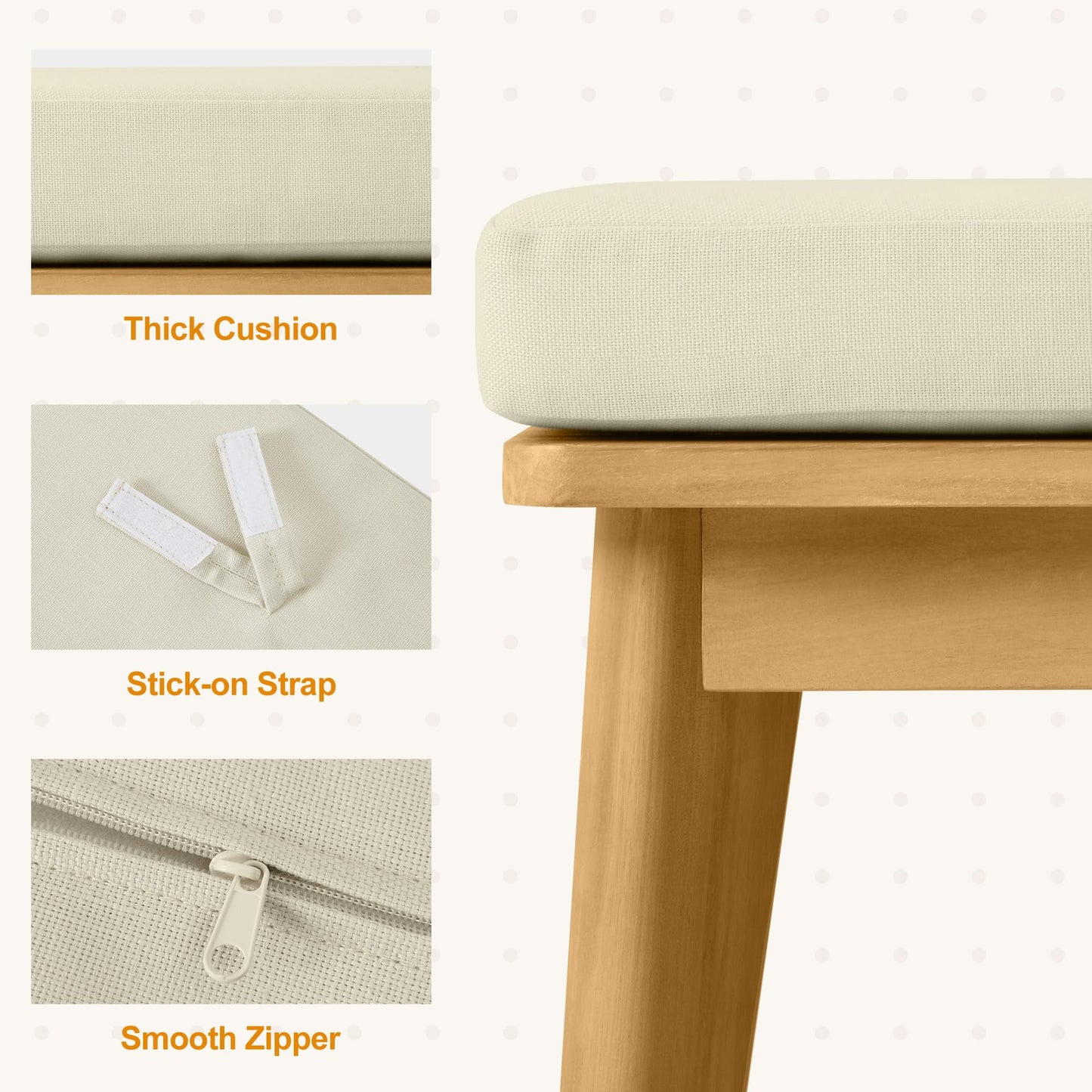 RoyalCraft Acacia Patio Bench, Upholstered Bench with Thick Cushion, Modern Wood Outdoor Dining Bench for Porch, Backyard, Garden, Indoor, Beige