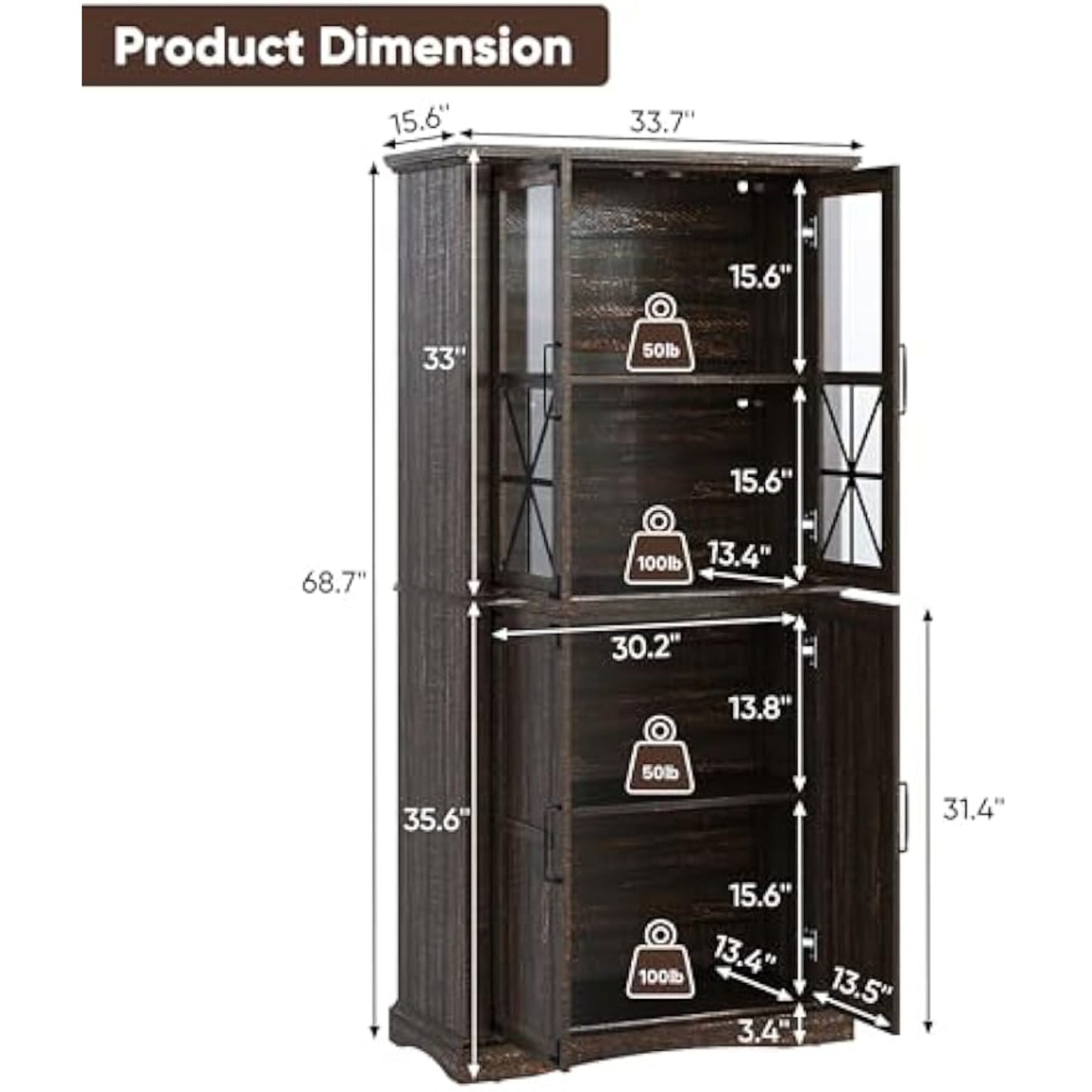 CozyHome 69'' Tall Farmhouse Storage Cabinet, Retro Display Cabinet with RGB Lights, Freestanding Kitchen Pantry Cabinet, Living Room, Home Office, Brown