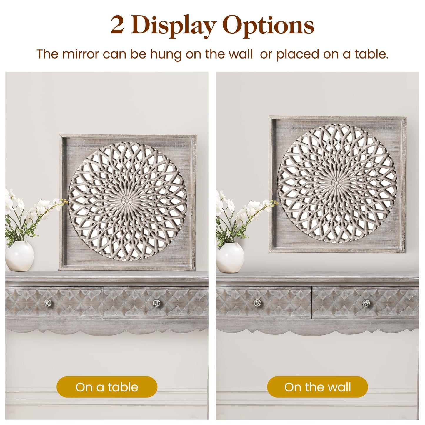 RoyalCraft Farmhouse Wood Mirror, Square Decorative Mirrors for Wall, Small Hanging Mirror, Wall Mirrors for Living Room, Bedroom, Dining Room, Entryway, Hallway, Gray, 23.6¡° X 23.6"