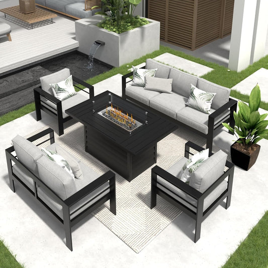 Superjoe Outdoor Furniture Set w/CSA Certified 54in Propane Gas Fire Pit Table, 7 Seats Aluminum Patio Conversation Sofa with 5in Olefin Cover Cushions, Black/Light Gray