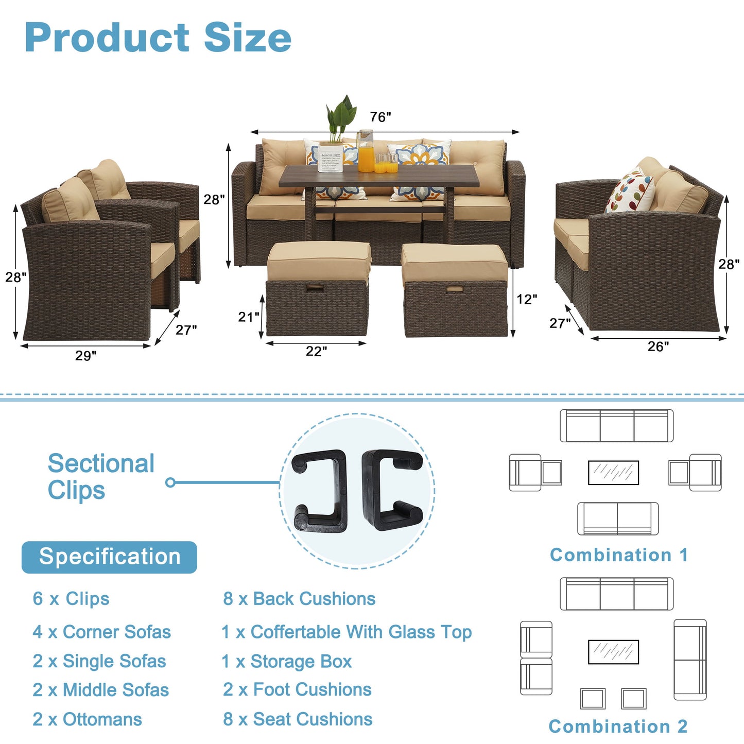 Royalcraft Outdoor Patio Furniture Set,10 Pieces Outdoor Sectional Wicker Sofa PE Rattan Conversation Sets with Dining Table,Aluminum Frame,Brown