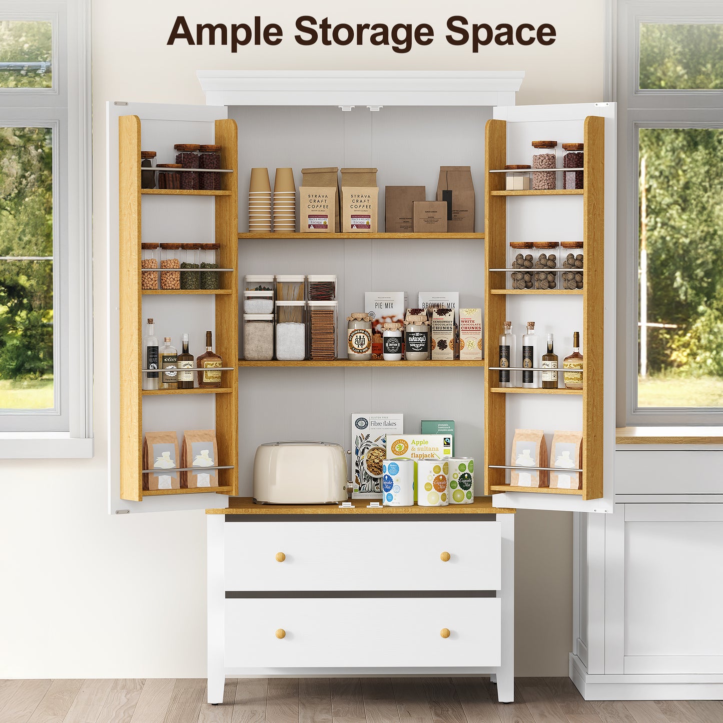 Royalcraft 70'' Tall Kitchen Pantry Cabinet, Wood Cupboard with 8 Door Storage Shelves, Large Storage Cabinet with Drawers & Adjustable Shelves for Kitchen, Dining Room, Living Room, Laundry, White