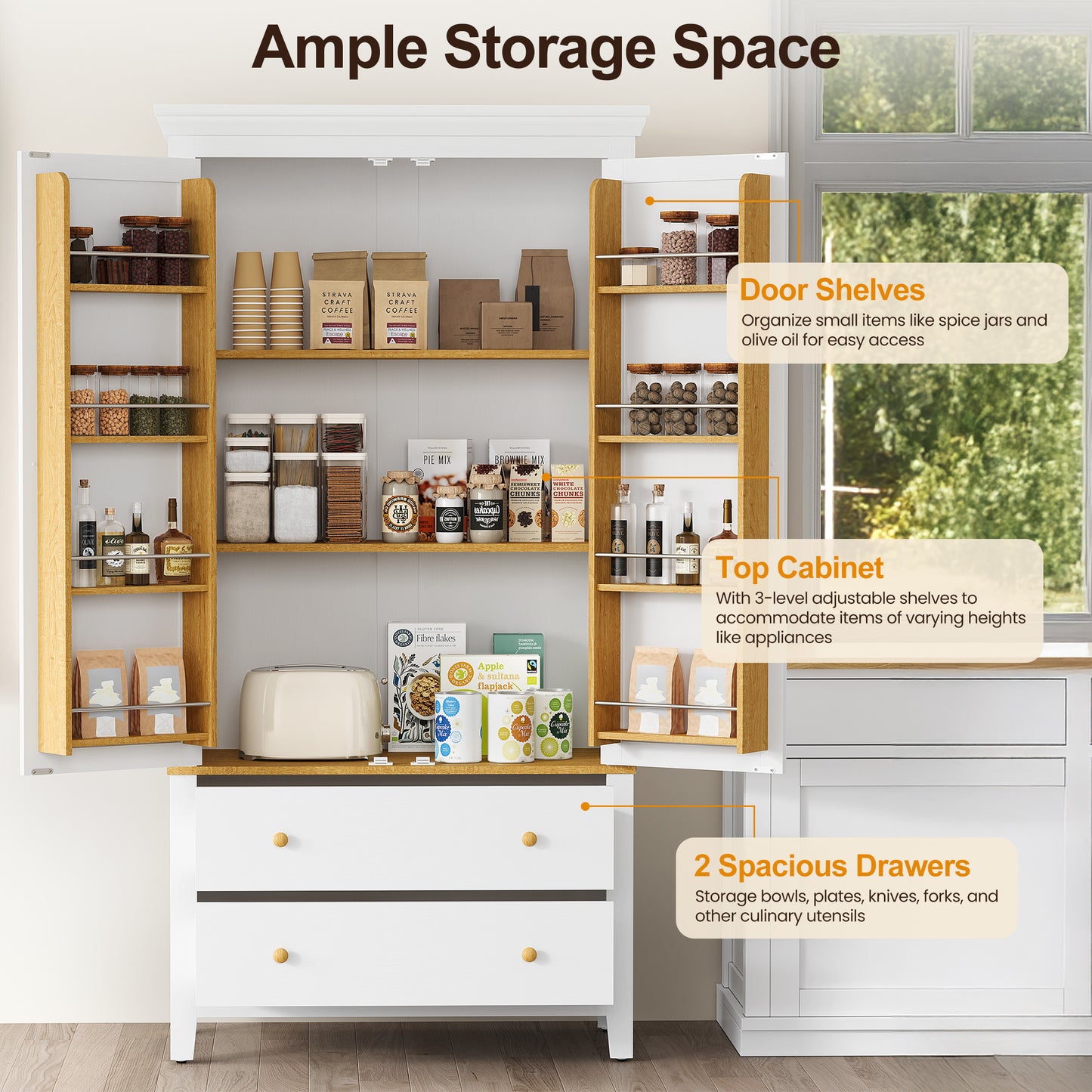 Royalcraft 70'' Tall Kitchen Pantry Cabinet, Wood Cupboard with 8 Door Storage Shelves, Large Storage Cabinet with Drawers & Adjustable Shelves for Kitchen, Dining Room, Living Room, Laundry, White