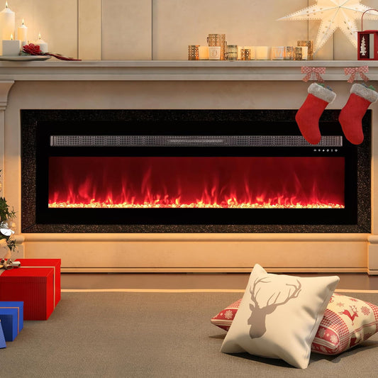 60 inches Electric Fireplace, Recessed and Wall Mounted Fireplace, Adjustable 20 Flame Colors and 5 Speeds, Remote Control & Touch Screen with Timer, Linear Fireplace W/Thermostat, Black