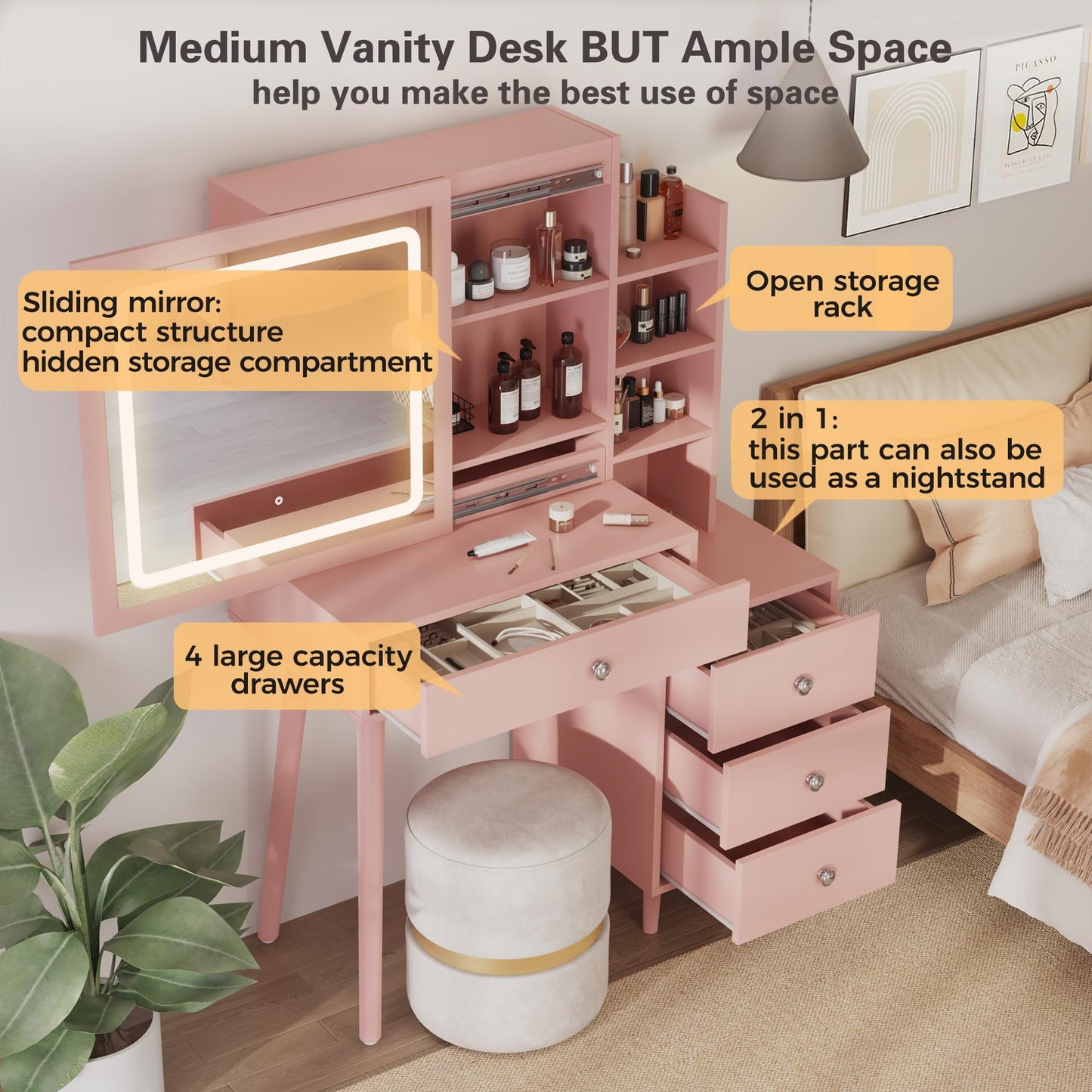Superjoe Vanity Desk with Sliding Mirror and LED Lights, 2 in 1 Wooden Makeup Vanity Desk for Nightstand and Dressing Table, Compact Medium Makeup Table with Sliding Mirror for More Storage Space