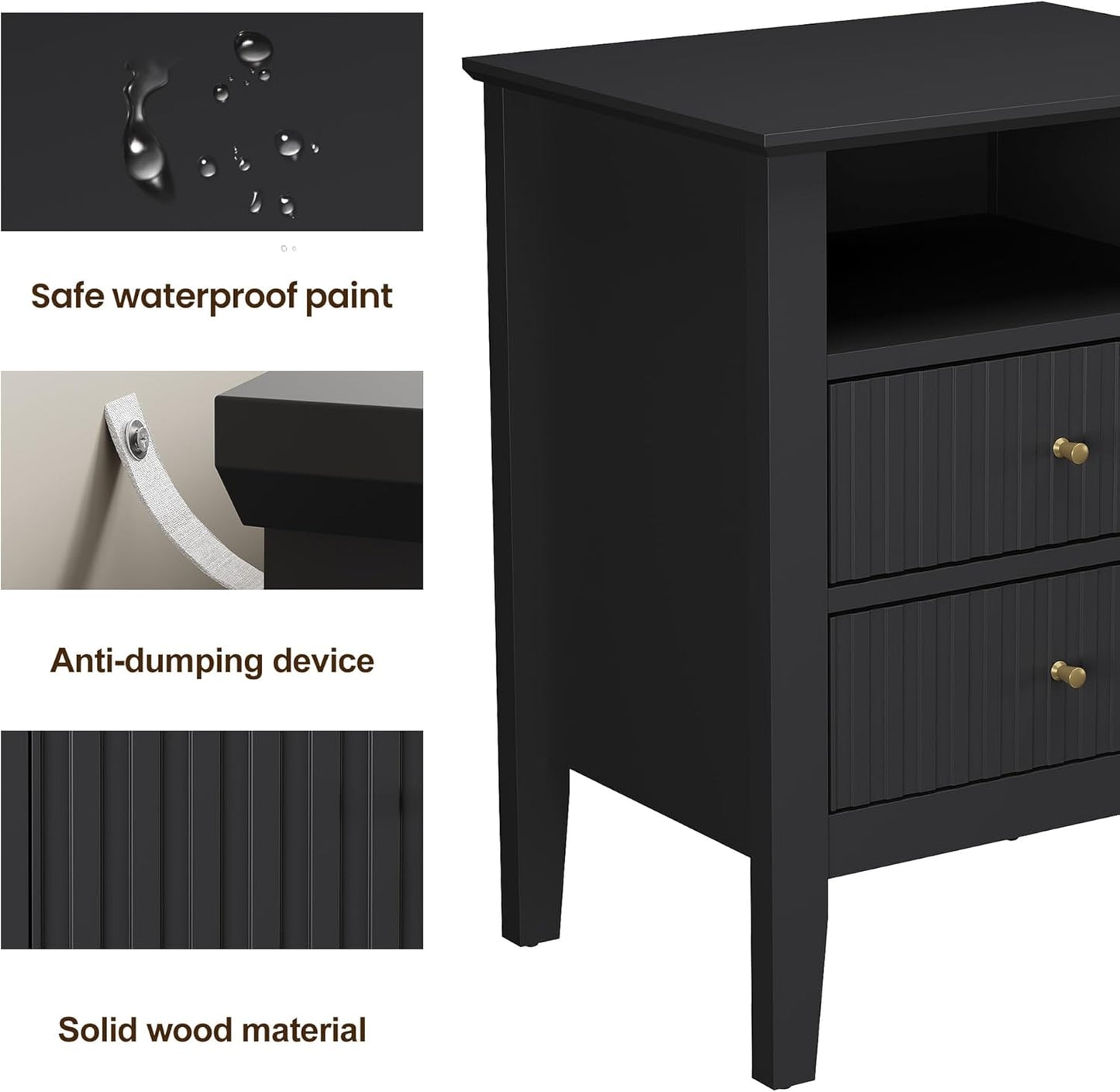 RoyalCraft Fluted Nightstand Set of 2, Modern Wooden Sofa Table with 2 Drawers for Small Spaces, Tall End Table for Bedroom, Living Room, Couch Coffee Table