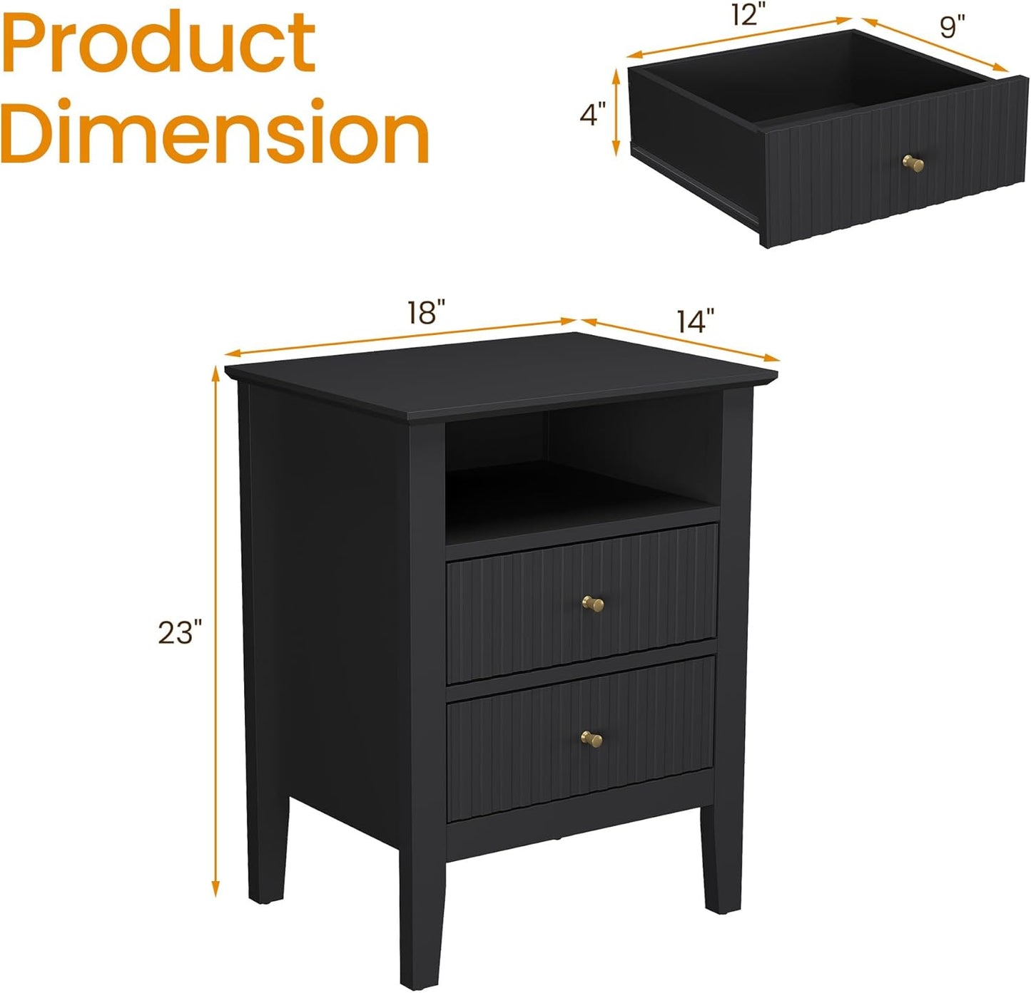 RoyalCraft Fluted Nightstand Set of 2, Modern Wooden Sofa Table with 2 Drawers for Small Spaces, Tall End Table for Bedroom, Living Room, Couch Coffee Table