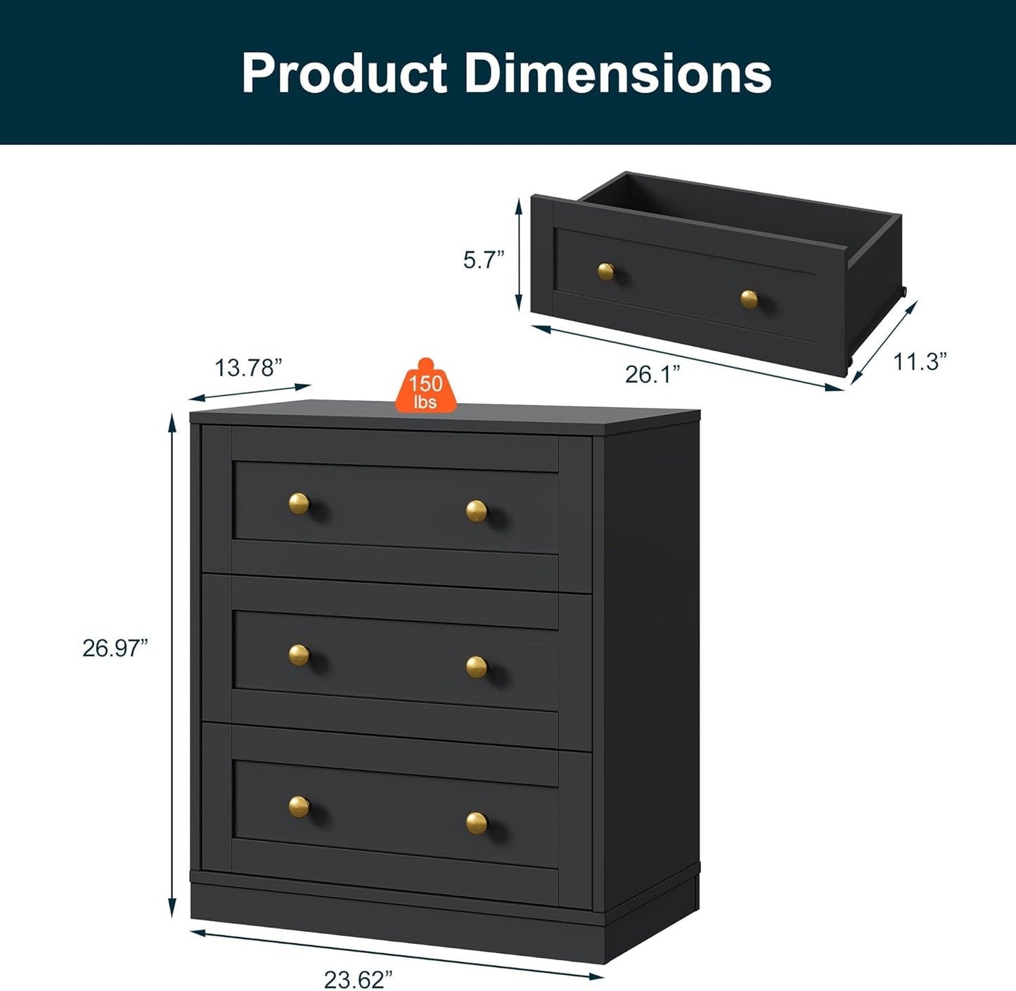 Royalcraft Nightstands, Modern 3-Drawer Bedside Tables with Gold Round Knobs, Wooden End Tables, Accent Chests of Drawers for Bedroom, Living Room, Hallway, or Closet