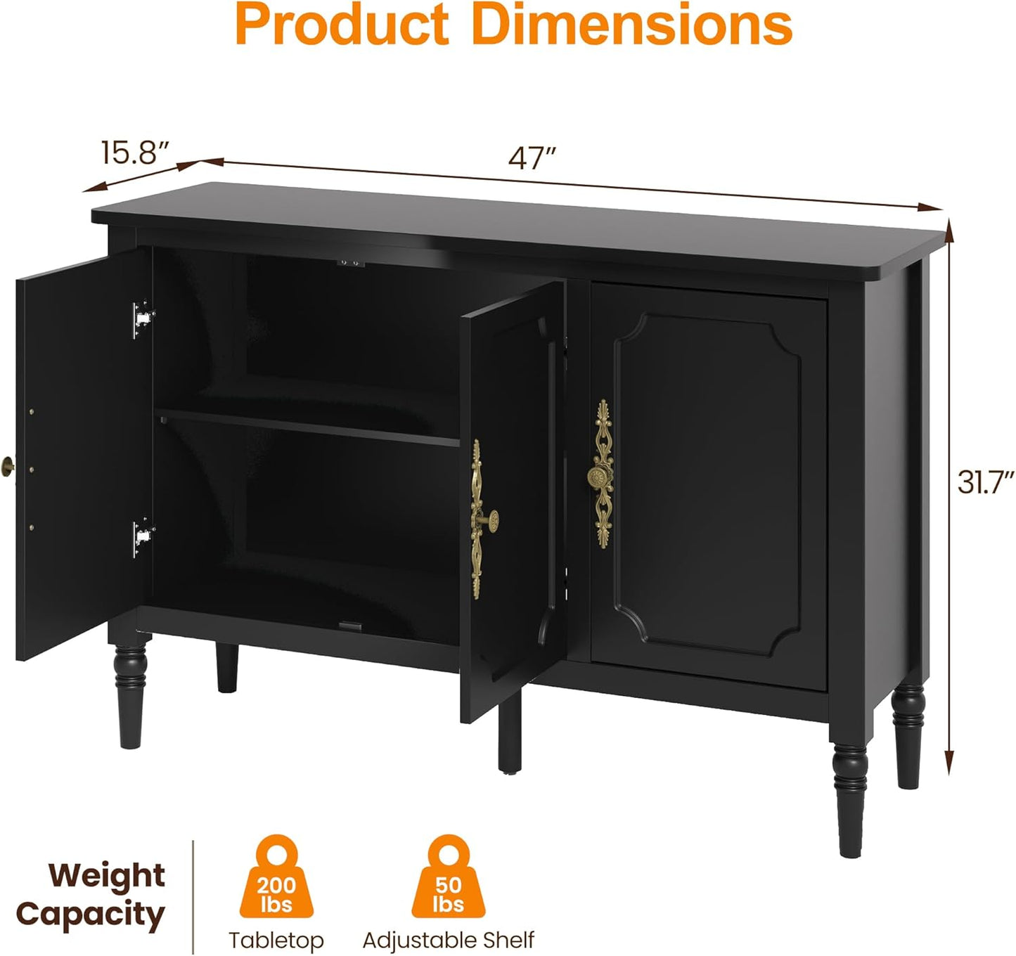 RoyalCraft Storage Cabinet with 3 Doors, Mid-Century Sideboard Cabinet with Adjustable Shelves, Wood Buffet Cabinet with Turned Legs, Accent Cabinet for Entryway, Living Room, Dining Room
