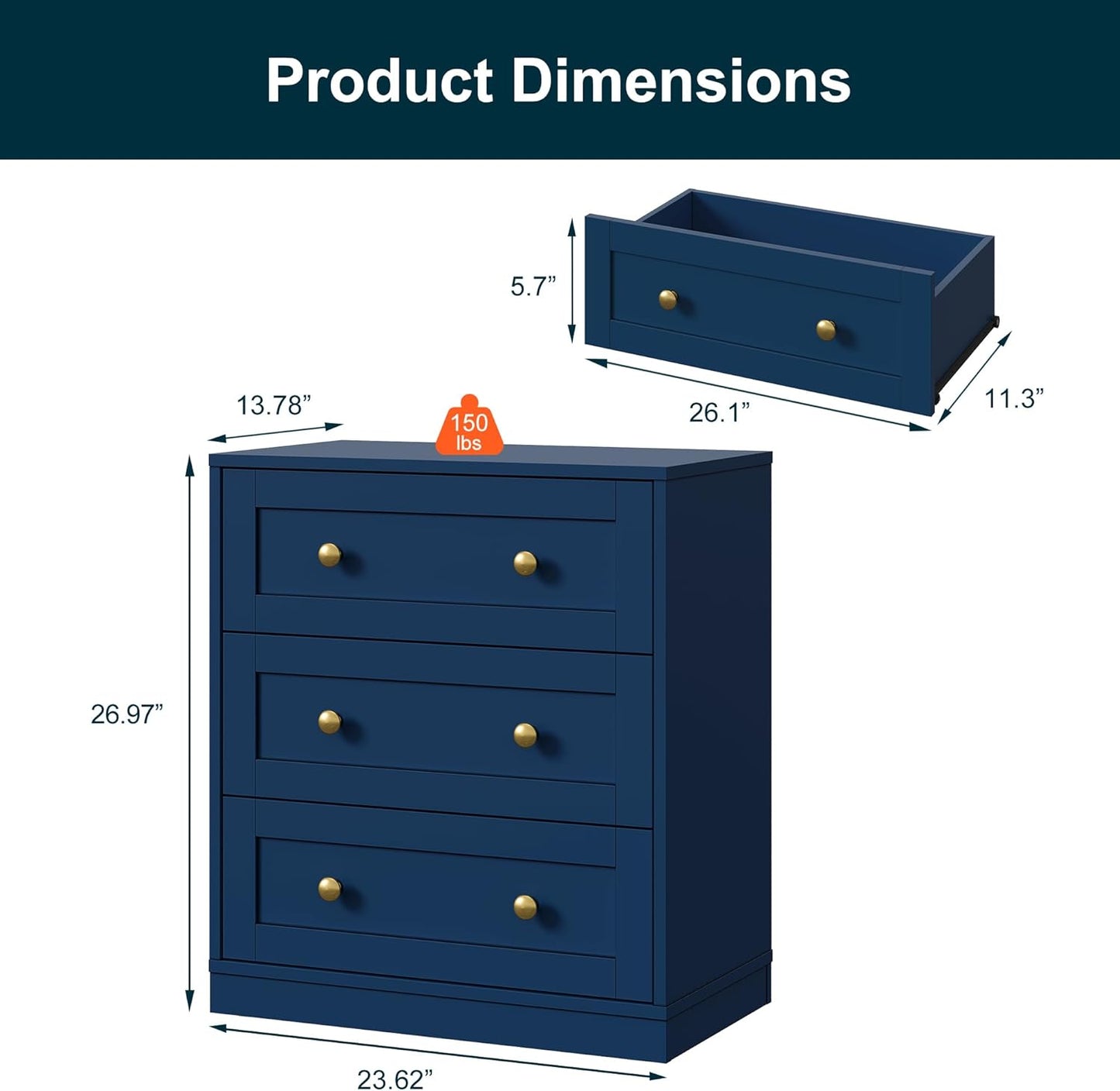 Royalcraft 3-Drawer Nightstand, Spacious Bedside Table with Gold Round Knobs, Modern Wooden End Table, Accent Chest of Drawers for Bedroom, Living Room, Hallway, or Closet