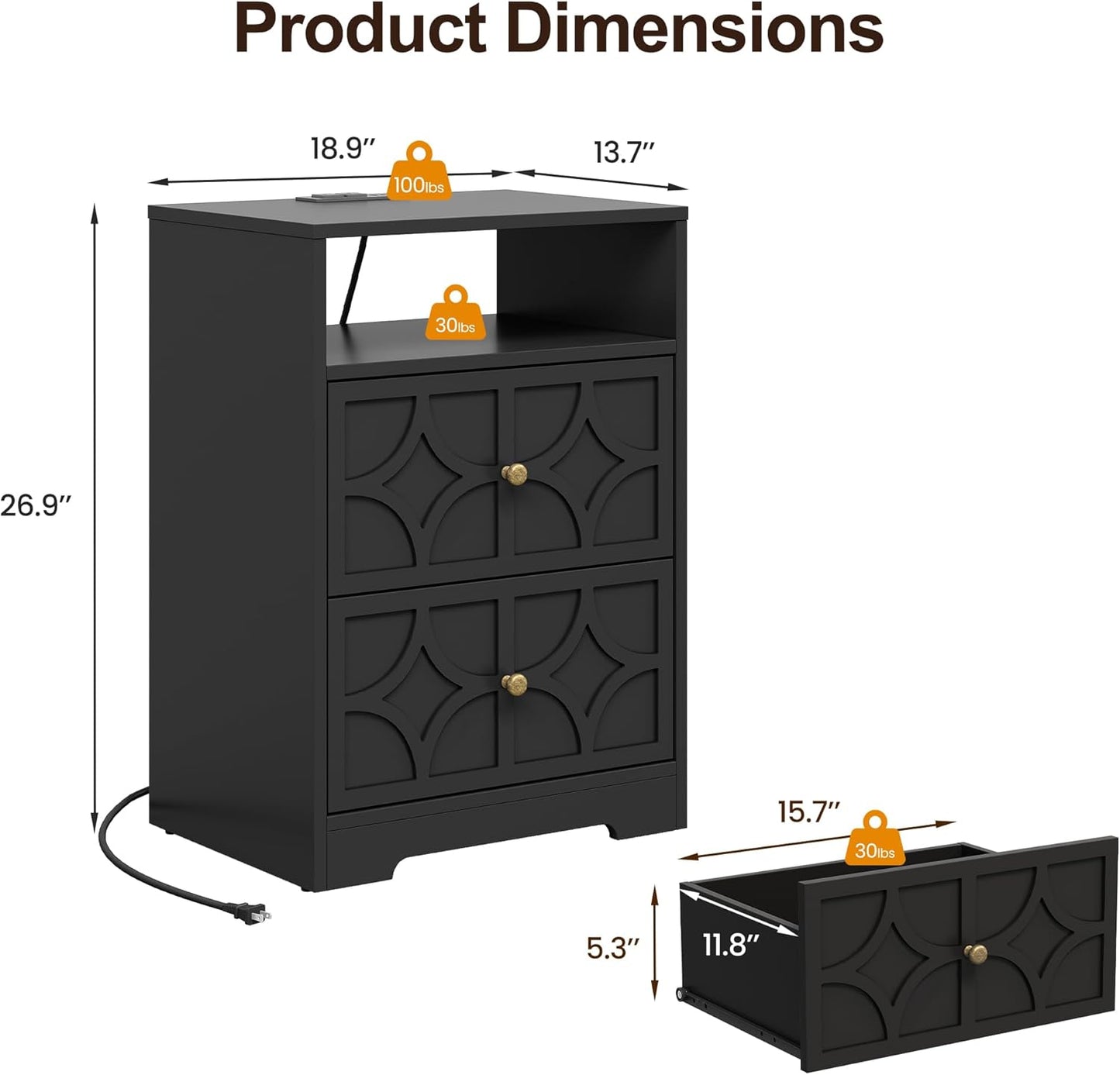 RoyalCraft Large Nightstand with 2 Drawers, Modern Side Table with Charging Station, Accent End Table with Diamond Carvings, Storage Cabinet for Living Room, Bedroom, Entryway