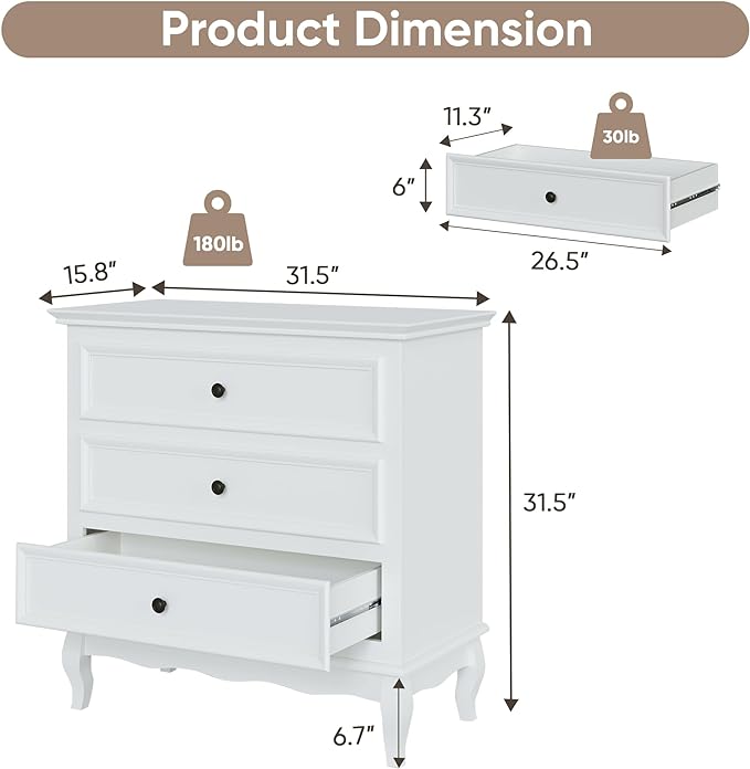 Royalcraft Dresser for Bedroom, Modern 3 Drawer Dresser with Solid Wood Legs and Painted Finish, White Chest of Drawers, Wooden Storage Closet Cabinet Organizer for Living Room, Nursery, Hallway