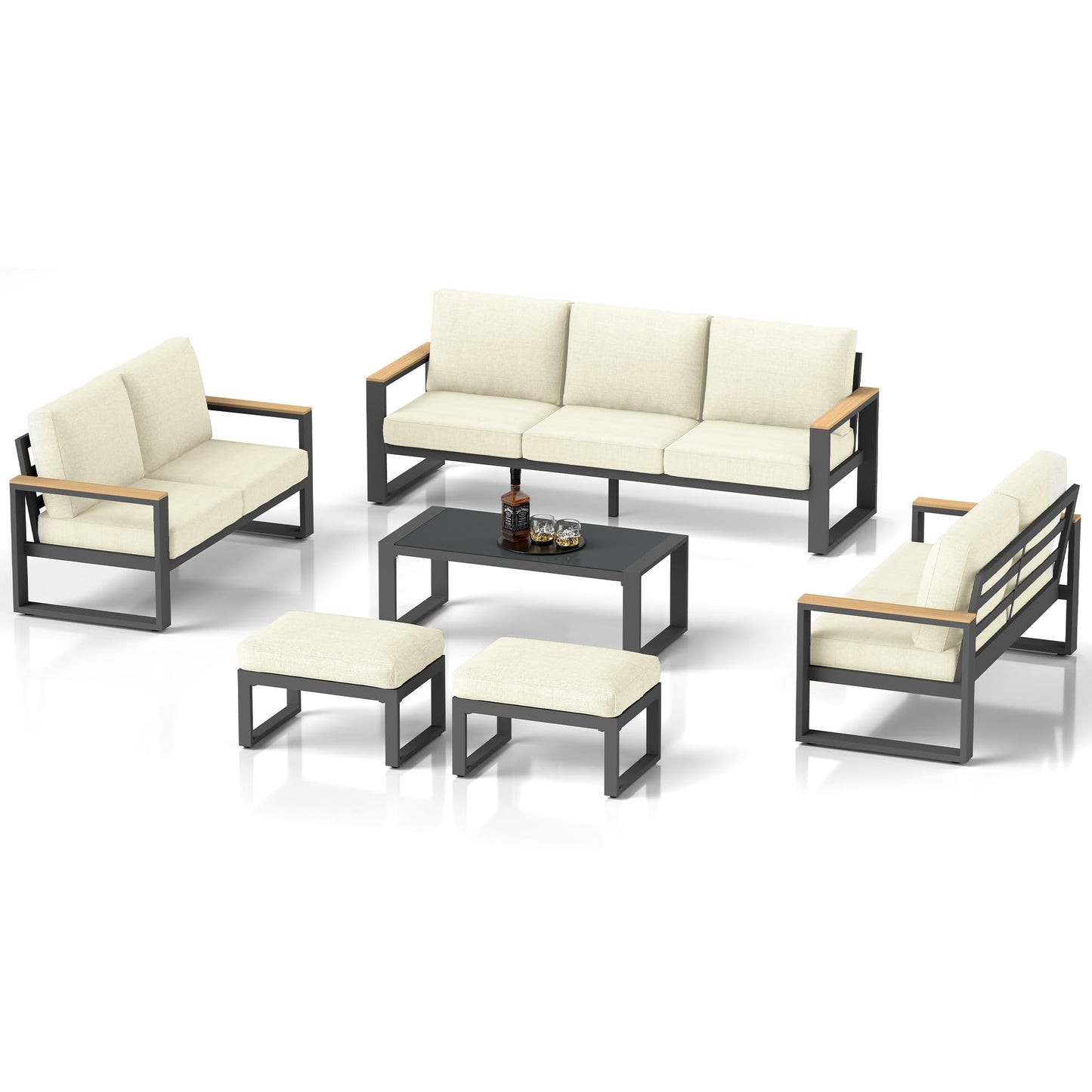 May in Color Aluminum Patio Furniture, 6 Piece Metal Outdoor Furniture Set with Coffee Table & Ottomans, Modern Patio Sofa Sets Outdoor Conversation Set for Pool Garden Porch Backyard, Beige