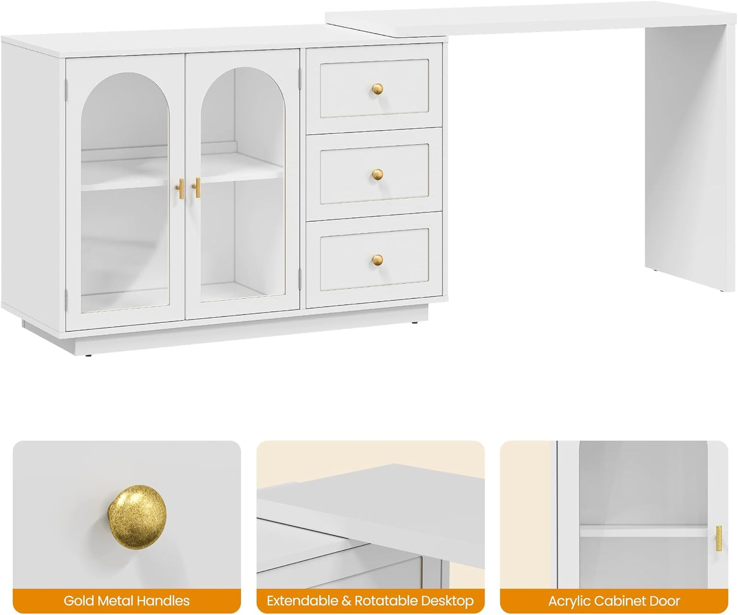 RoyalCraft 83¡± Large Extendable Makeup Vanity Desk, Corner Vanity Table with 3 Drawer & 2 Door, Modern Dressing Table and Chest of Drawers Combo, Accent Vanity for Bedroom, Dressing Room