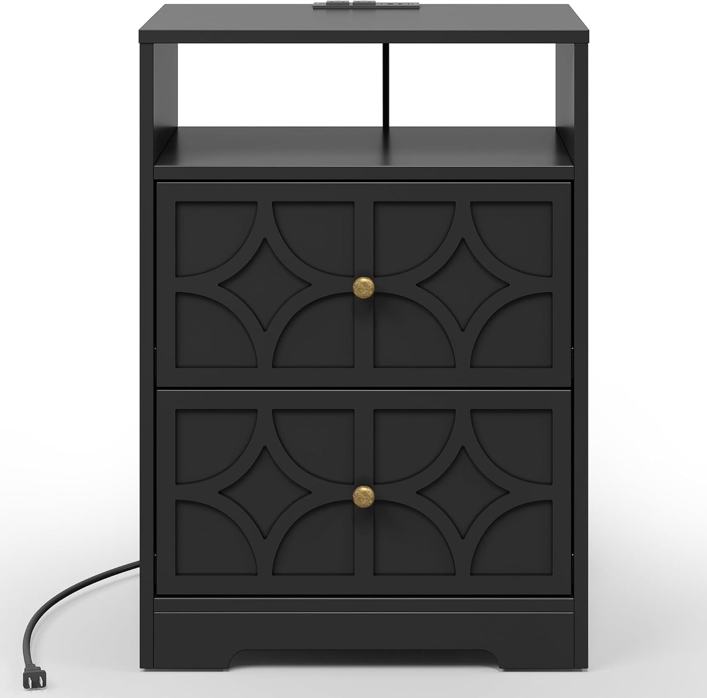 RoyalCraft Large Nightstand with 2 Drawers, Modern Side Table with Charging Station, Accent End Table with Diamond Carvings, Storage Cabinet for Living Room, Bedroom, Entryway