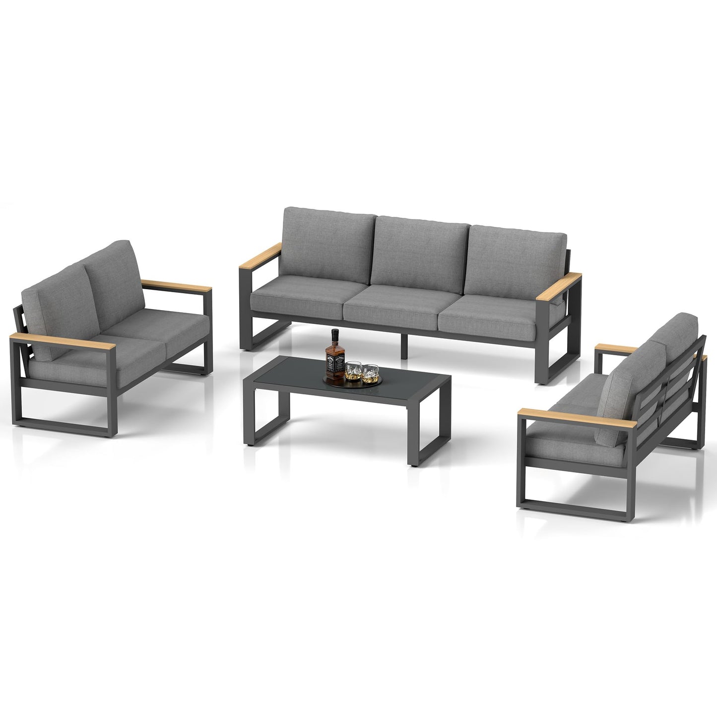 Aluminum Outdoor Patio Furniture Set with Height-adjustable Footrest for Lawn Porches Patio, 7-Seats All-weather Patio Sofa Sets with Coffee Table, Modern Outdoor Patio Conversation set, Grey