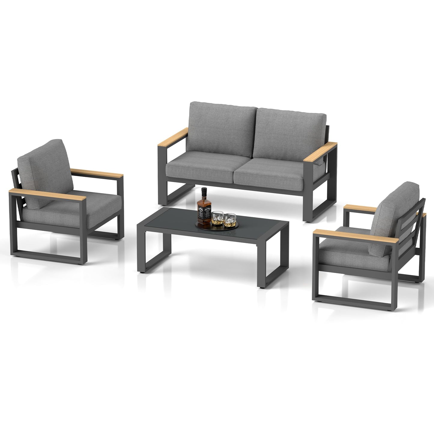 Aluminum Outdoor Patio Furniture Set with Height-adjustable Footrest for Lawn Porches Patio, 4-Seats All-weather Patio Sofa Sets with Coffee Table, Modern Outdoor Patio Conversation set, Grey