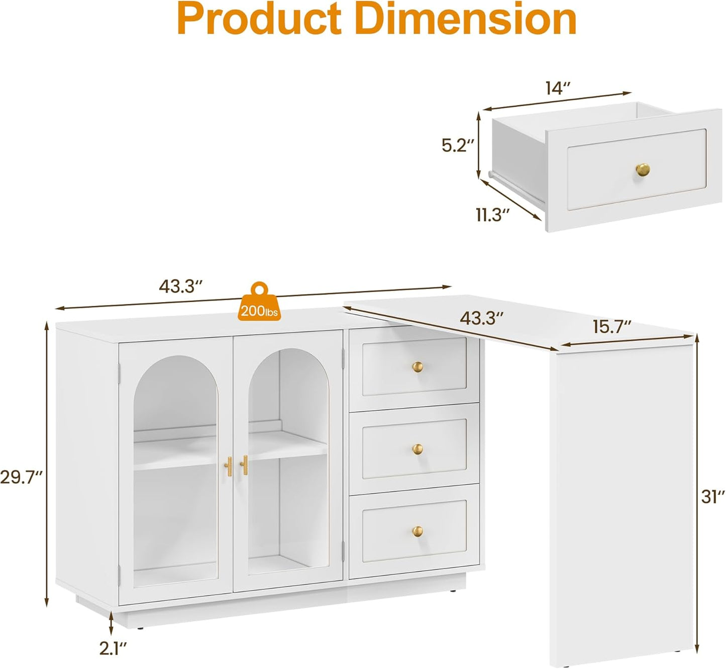 RoyalCraft 83¡± Large Extendable Makeup Vanity Desk, Corner Vanity Table with 3 Drawer & 2 Door, Modern Dressing Table and Chest of Drawers Combo, Accent Vanity for Bedroom, Dressing Room
