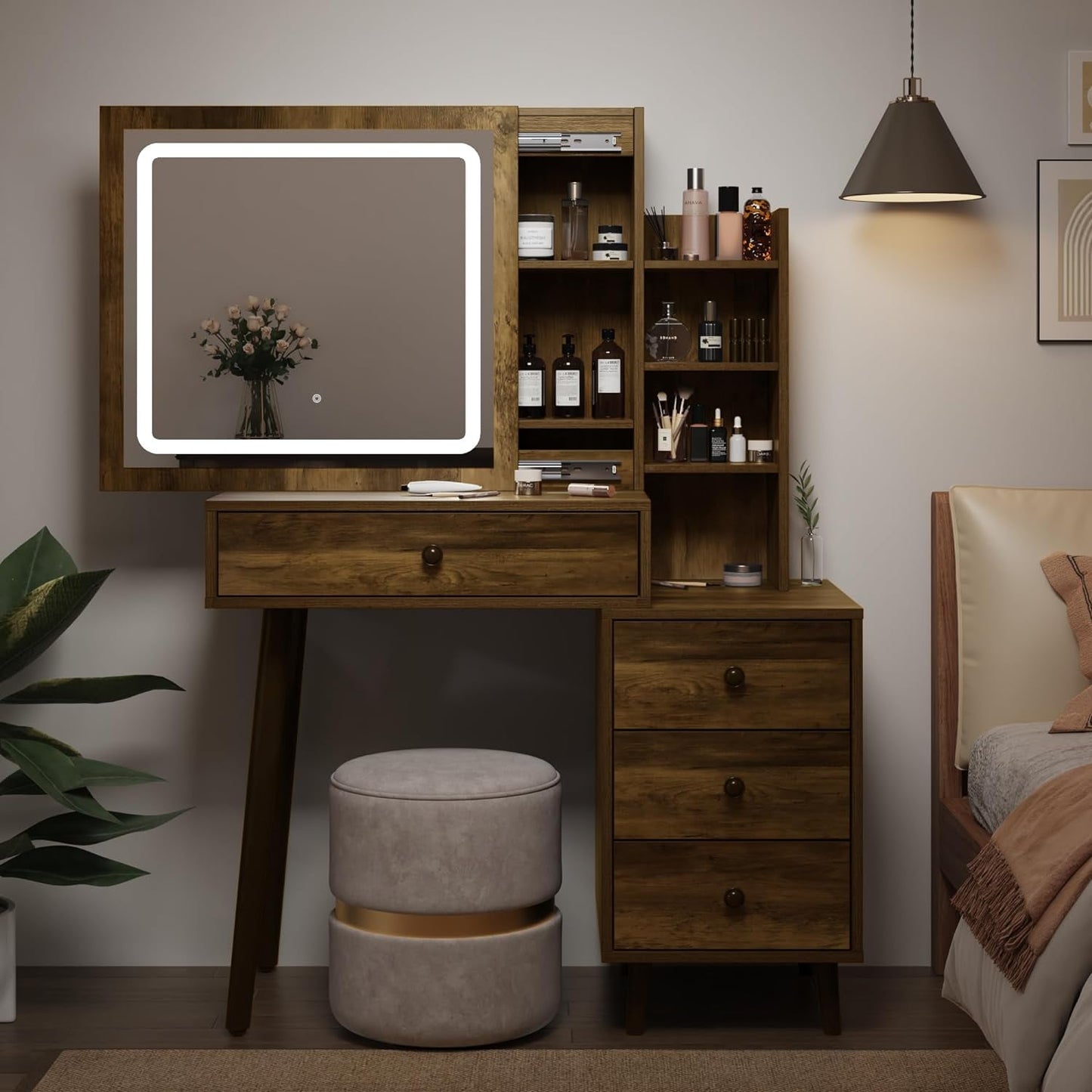 Superjoe Vanity Table with Sliding Lighted Mirror, Makeup Table with 3 Color Touch Light, Vanity Desk with Drawers & Hidden Shelves for Bedroom, Brown (Stool Not Included)