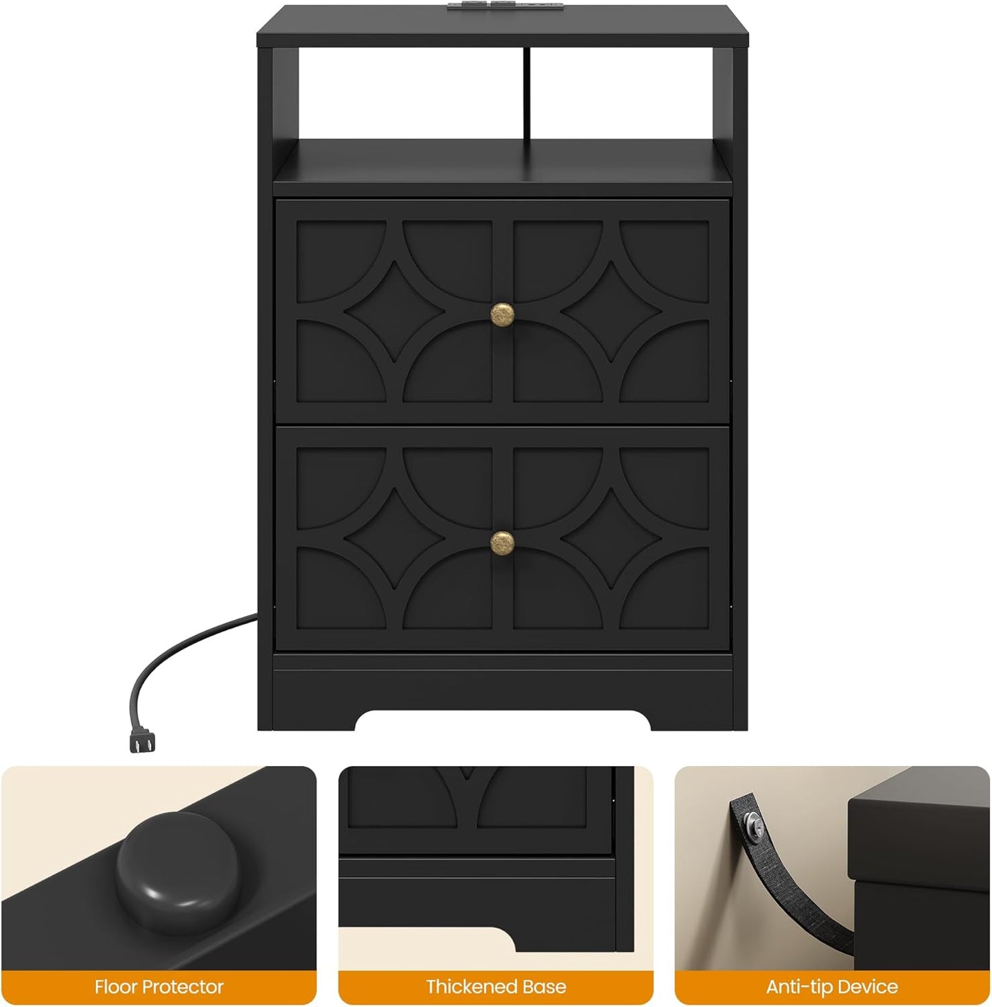 RoyalCraft Large Nightstand with 2 Drawers, Modern Side Table with Charging Station, Accent End Table with Diamond Carvings, Storage Cabinet for Living Room, Bedroom, Entryway