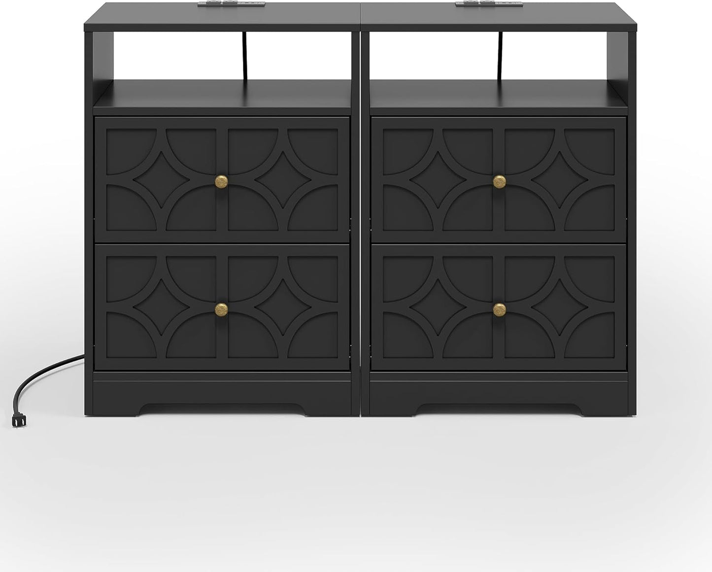 RoyalCraft Large Nightstand with 2 Drawers, Modern Side Table with Charging Station, Accent End Table with Diamond Carvings, Storage Cabinet for Living Room, Bedroom, Entryway, Set of 2