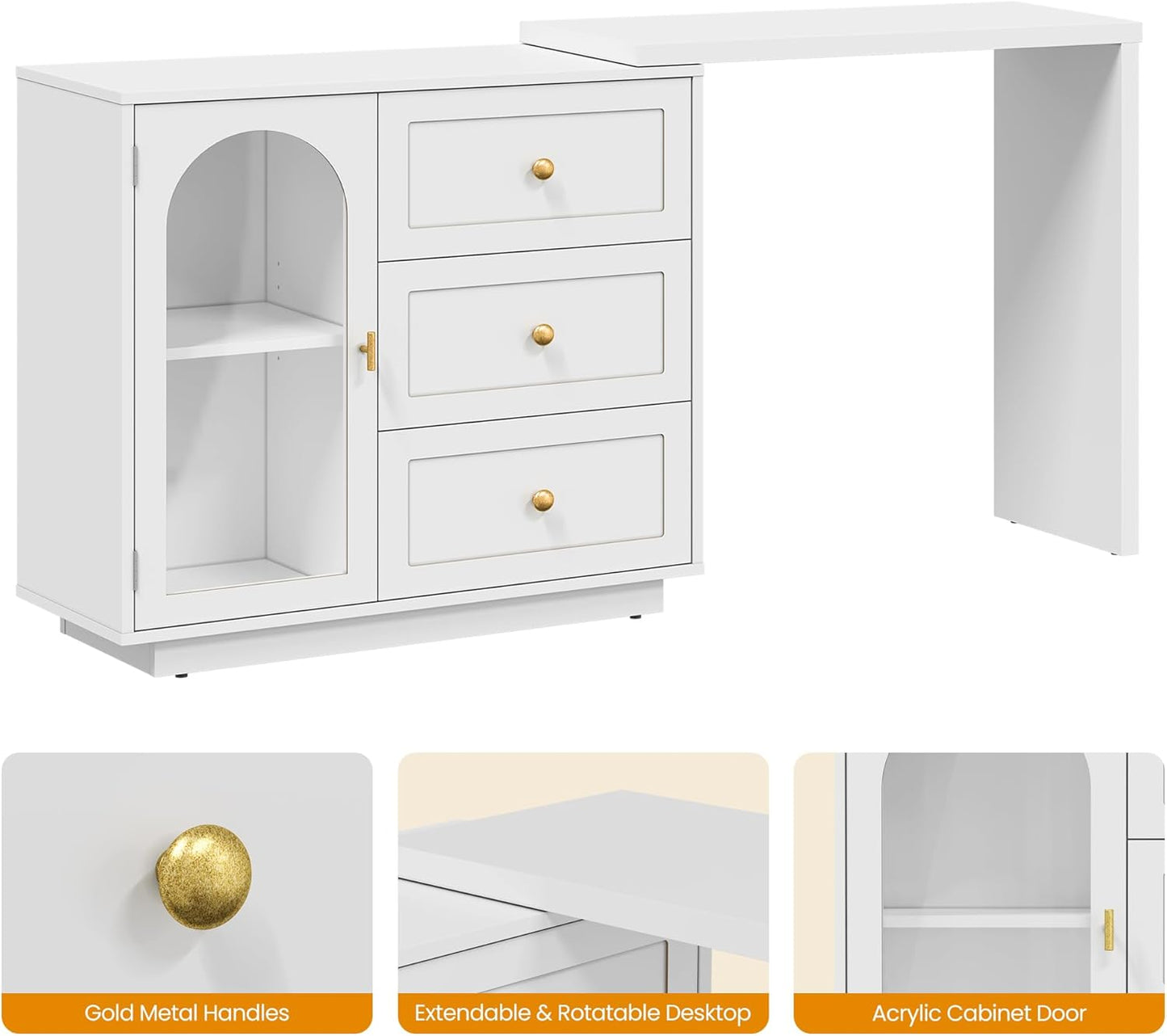 RoyalCraft 59¡± Large Extendable Makeup Vanity Desk, Corner Vanity Table with 3 Drawer & 1 Door, Modern Dressing Table and Chest of Drawers Combo, Accent Vanity for Bedroom, Dressing Room