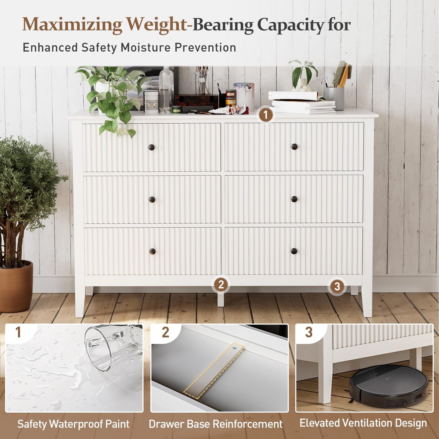 RoyalCraft White Fluted 6 Drawer Dresser for Bedroom, Modern Chest of Drawers, Wood Dresser for Storage Clothes, Wooden Storage Cabinet for Bedroom, Hallway, Living Room, Entryway