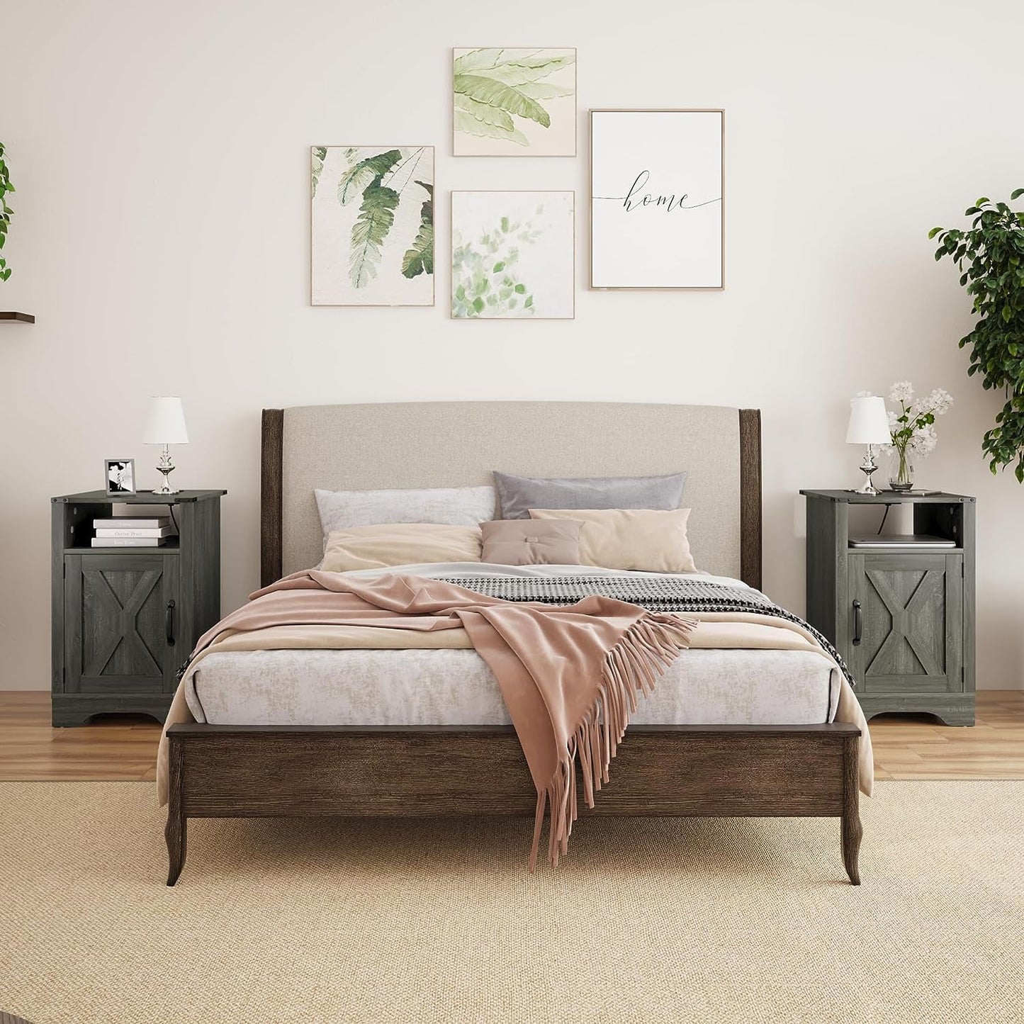 RoyalCraft Farmhouse Nightstand Set of 2 , Tall Bedside Table with Charging Station, Wooden Rustic End Table with Large Storage Cabinets Room and Shelf for Bedroom, Living Room, Dark Grey