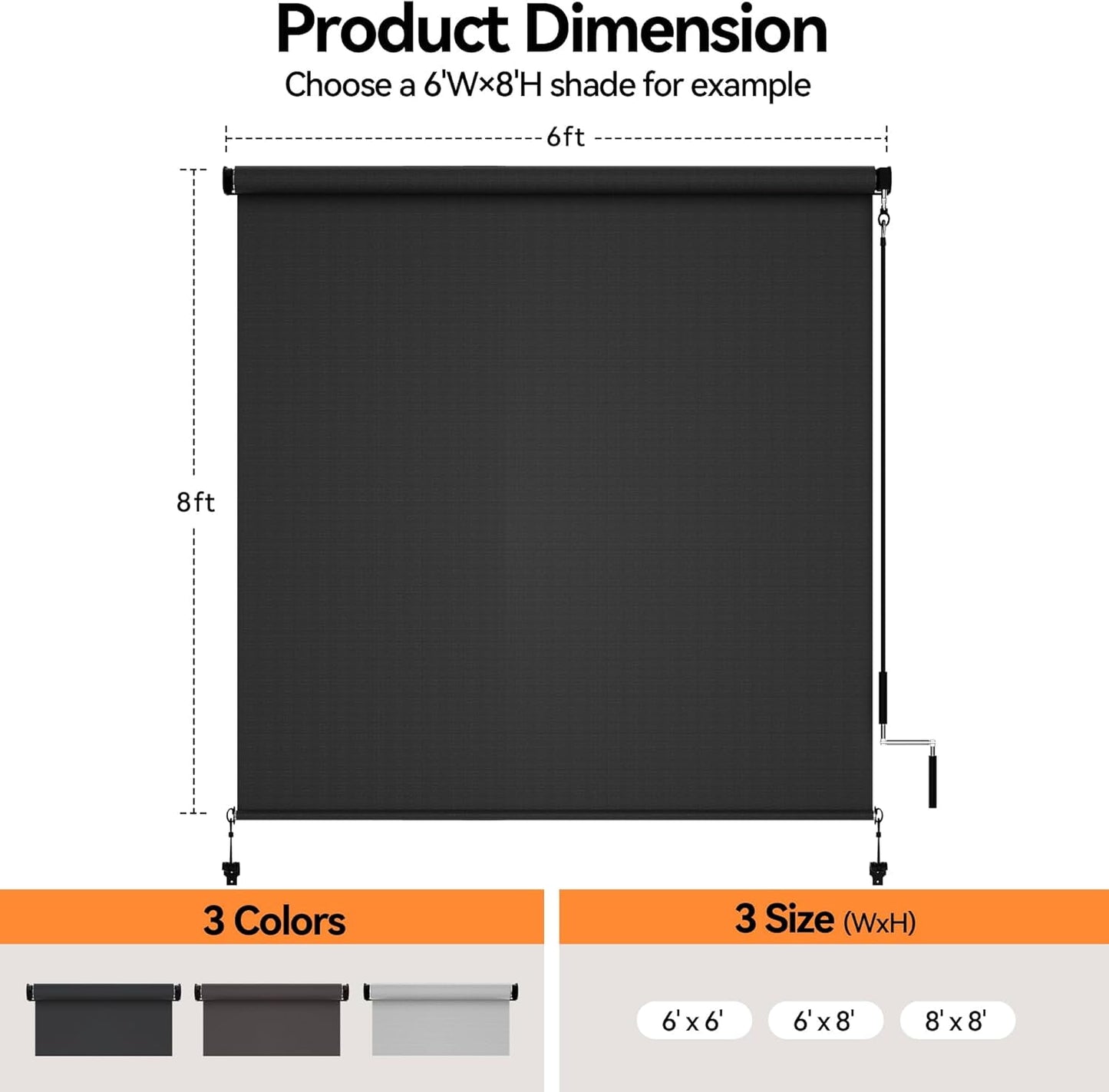 Outdoor Roller Shades for Patio New Material with 95% UV Protection, Cordless Patio Shades Roll Up Outdoor Blinds with Crank Handle for Shading, Protect Privacy, No Valance, (6' W X 8' L), Black