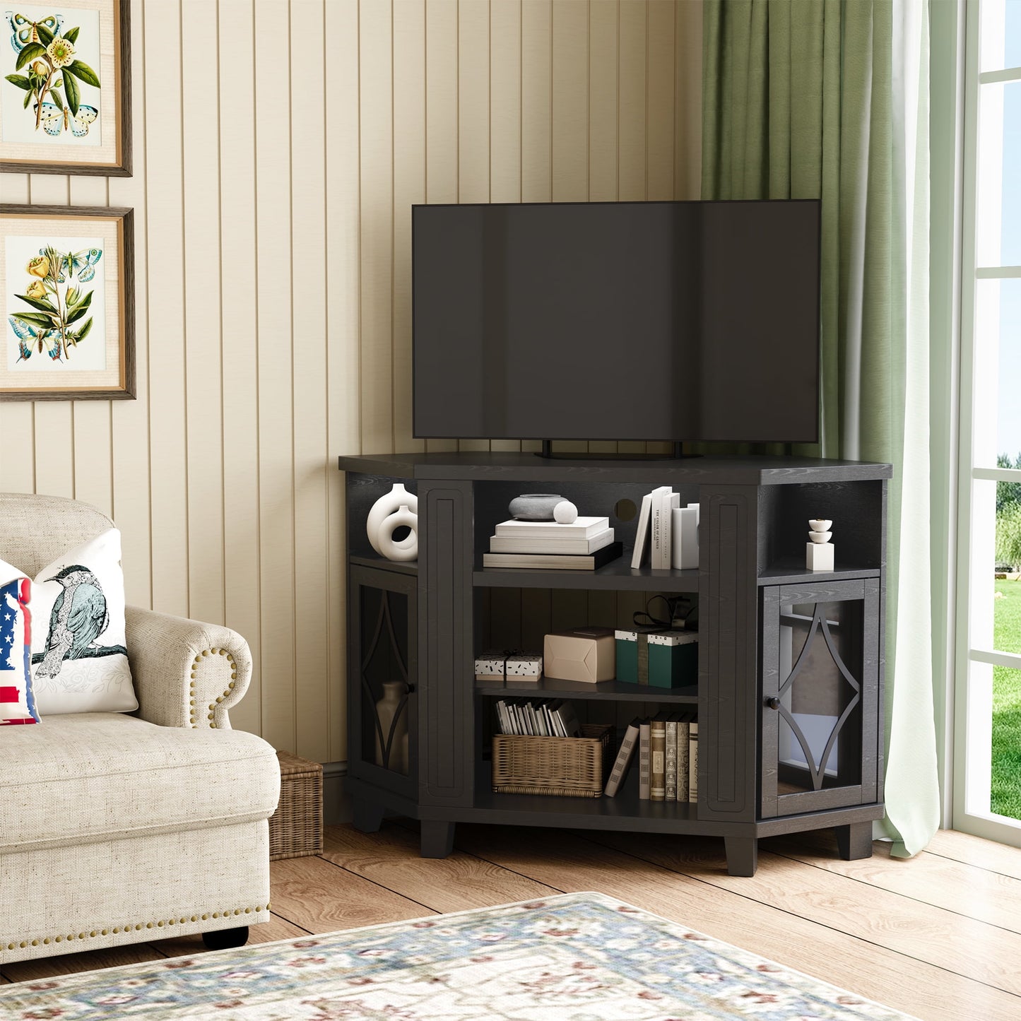 RoyalCraft Corner TV Stands for TVs up to 55'', Media Console Table with Adjustable Shelves, Acrylic Doors with Double-Diamond Design, Wood Modern Entertainment Center for Living Room Bedroom, Black