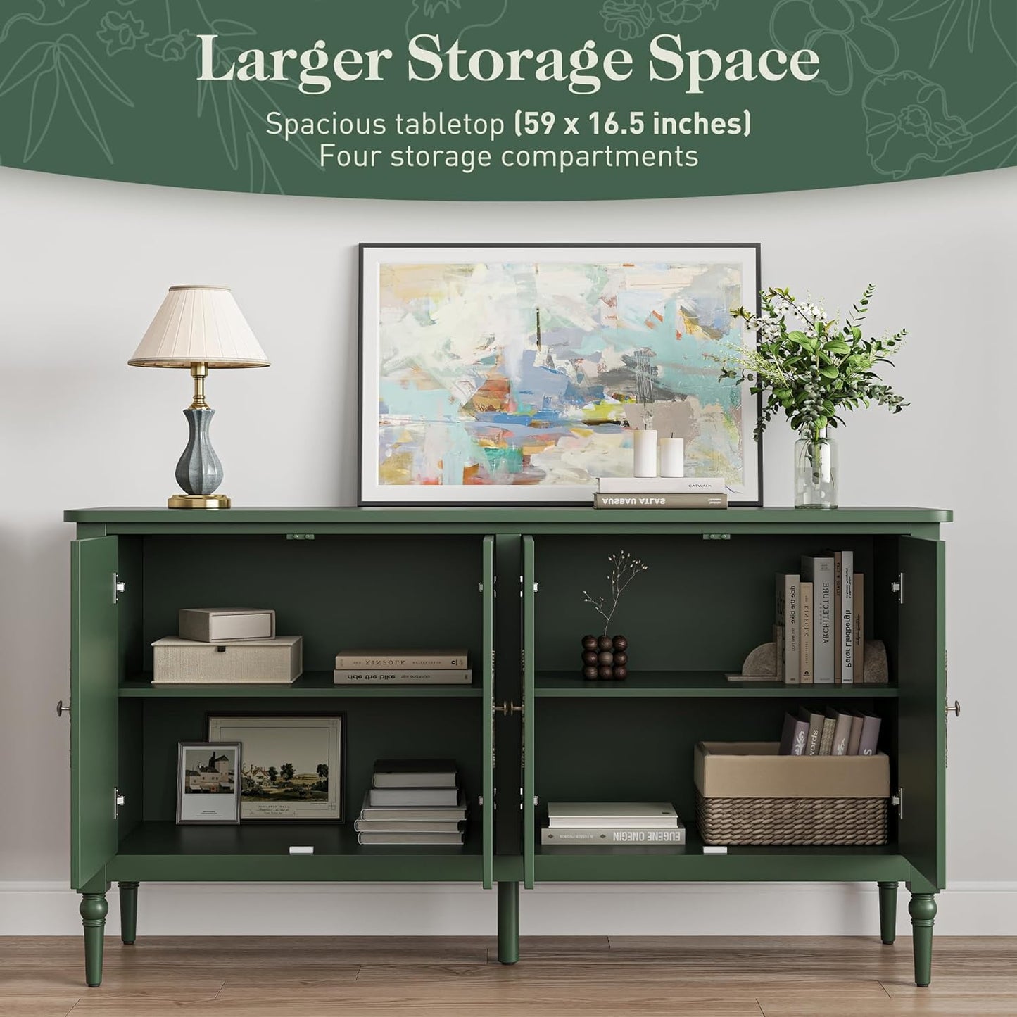 May in Color Console Cabinet, 58'' Wood Sideboard Buffet Cabinet with Storage & 4 Doors, Mid Century Modern Pantry Cabinet for Entryway, Living Room, Bedroom, Dining Room, Green