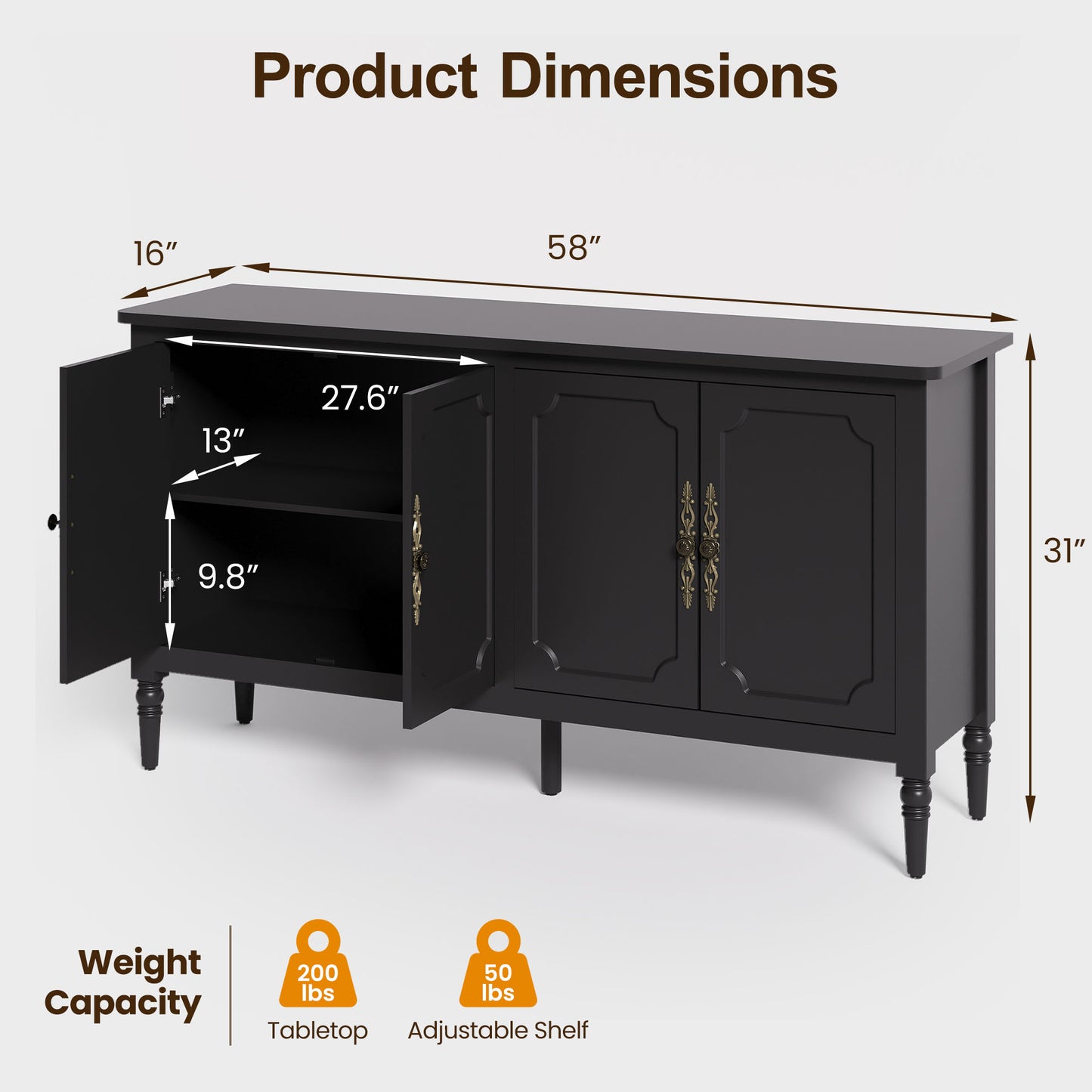Console Cabinet, 58'' Mid Century Modern Pantry Cabinet, Wood Buffet Cabinet, Media Cabinet with 4 Doors, Accent Cabinet for Entryway, Living Room, Bedroom, Dining Room