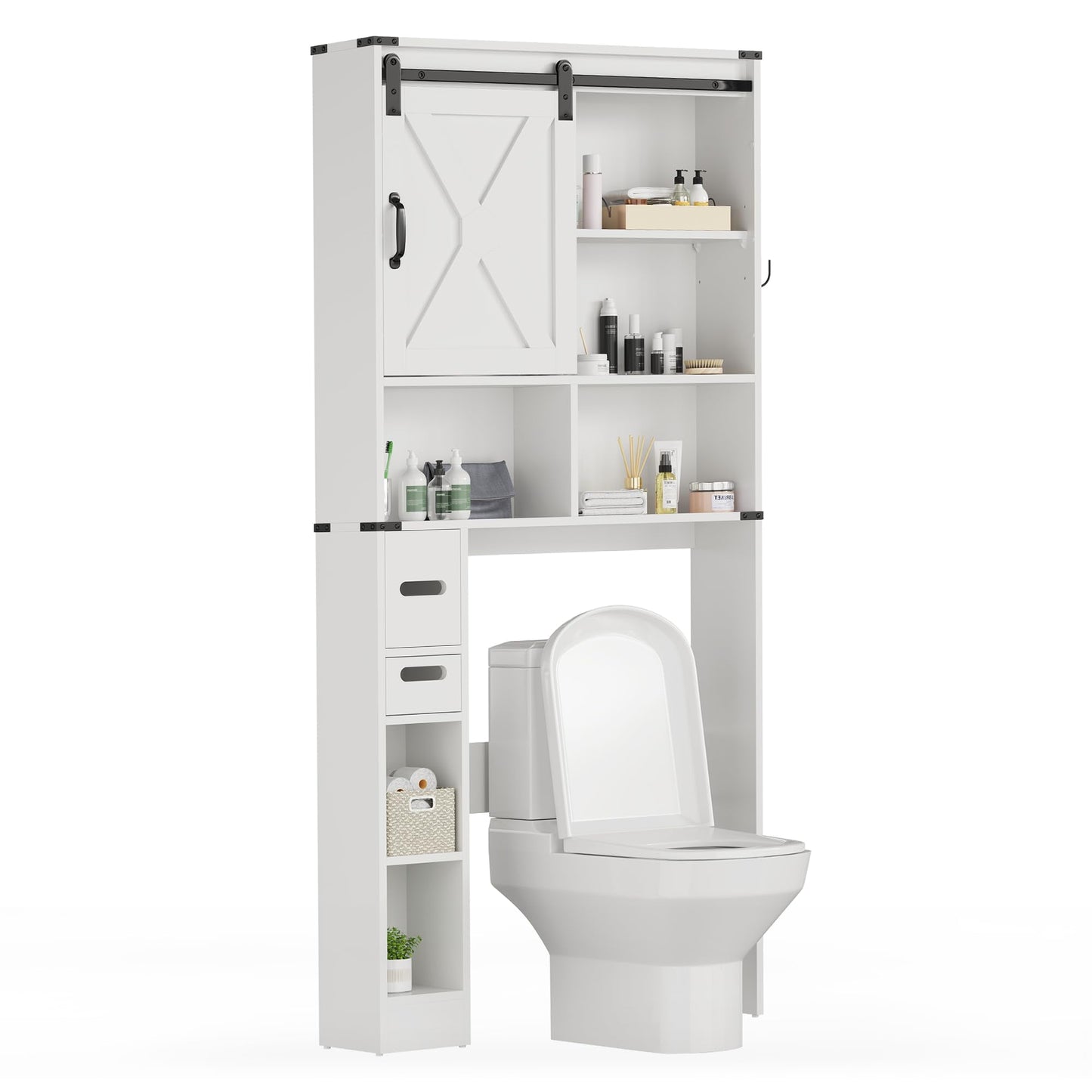 Superjoe Over The Toilet Storage Cabinet, Farmhouse Storage Cabinet Over Toilet with Sliding Barn Door, Home Space-Saving Toilet Rack, Behind Toilet Bathroom Organizer for Bathroom, White