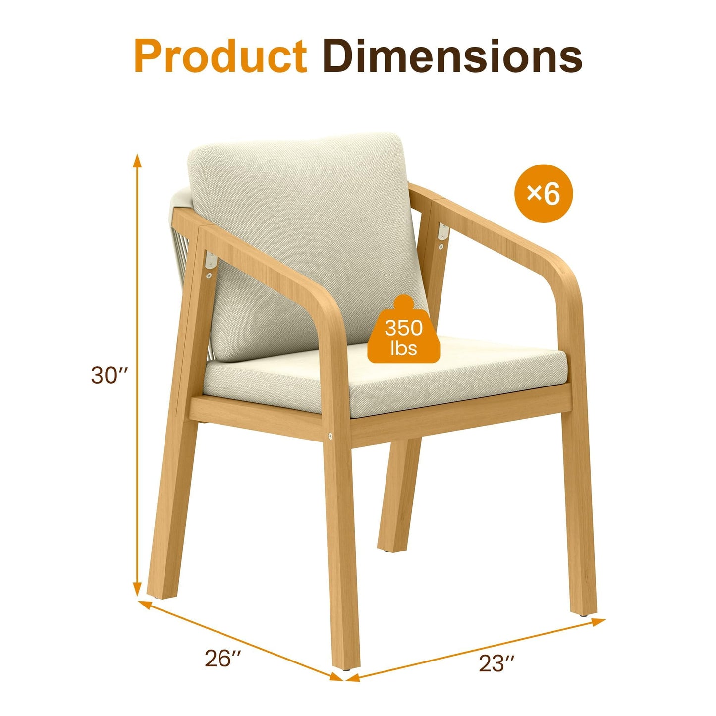 Heynemo Acacia Patio Dining Chairs Set of 6, Outdoor Wood Dining Chairs with Thick Cushions, Modern Patio Chairs with Woven Rope Backrest for Porch, Backyard, Garden, Indoor, Beige