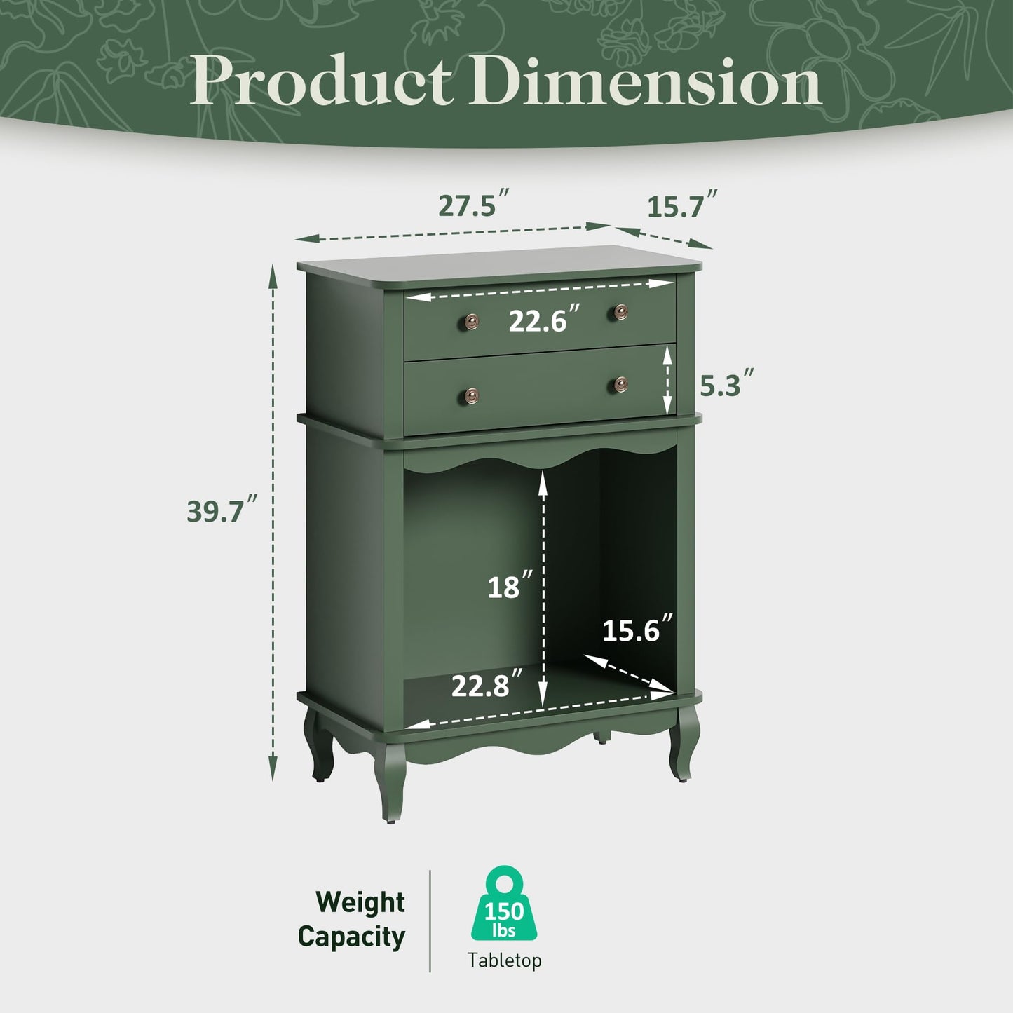 Superjoe 2 Drawer Dresser with Open Space, Dresser Chest of Drawer for Bedroom, Multifunctional Tall Dresser, Wood Storage Chest of Drawers Storage Cabinet for Living Room, Entryway, Hallway, Green