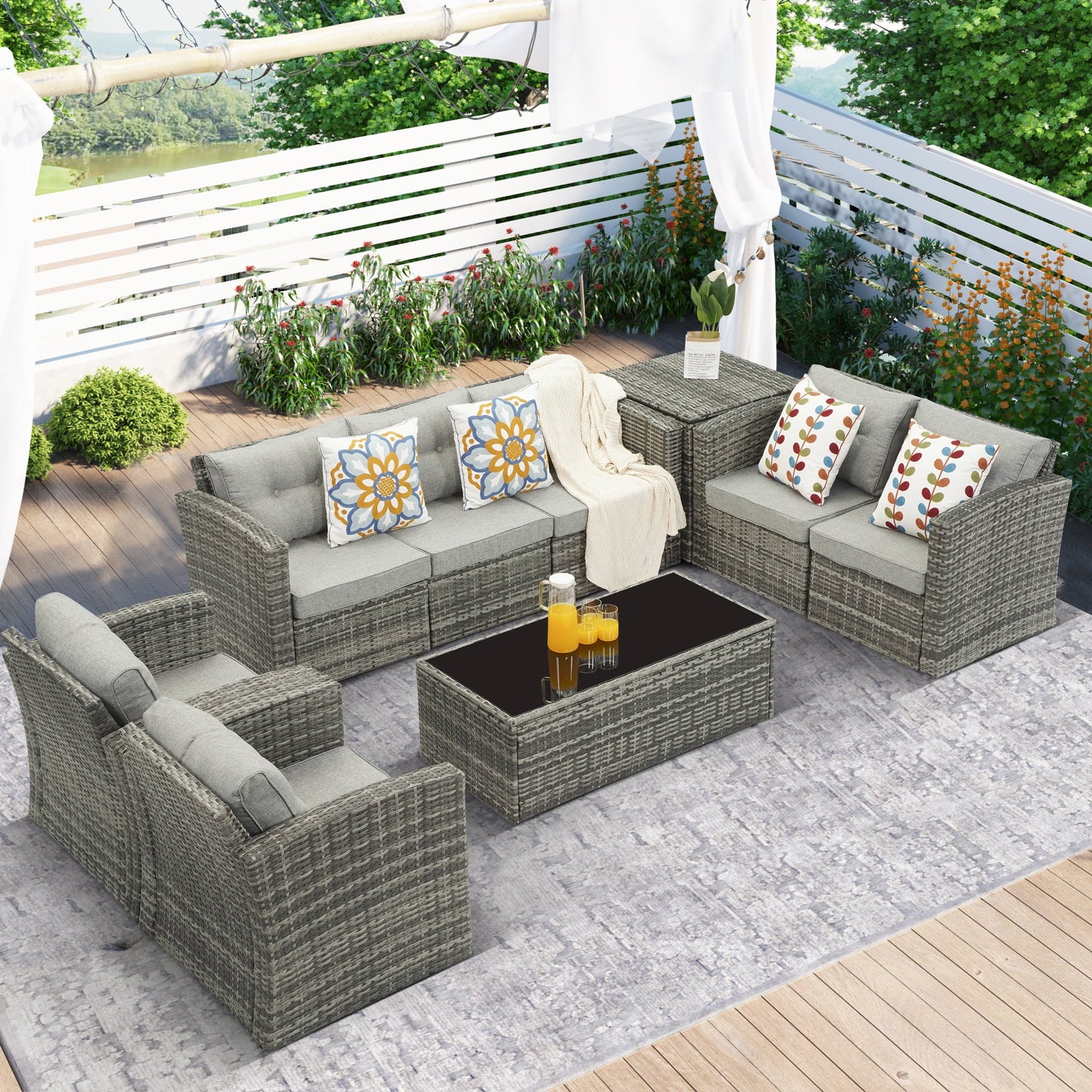 Royalcraft Outdoor Patio Furniture Set,10 Pieces Outdoor Sectional Wicker Sofa PE Rattan Conversation Sets with Dining Table,Aluminum Frame,Brown